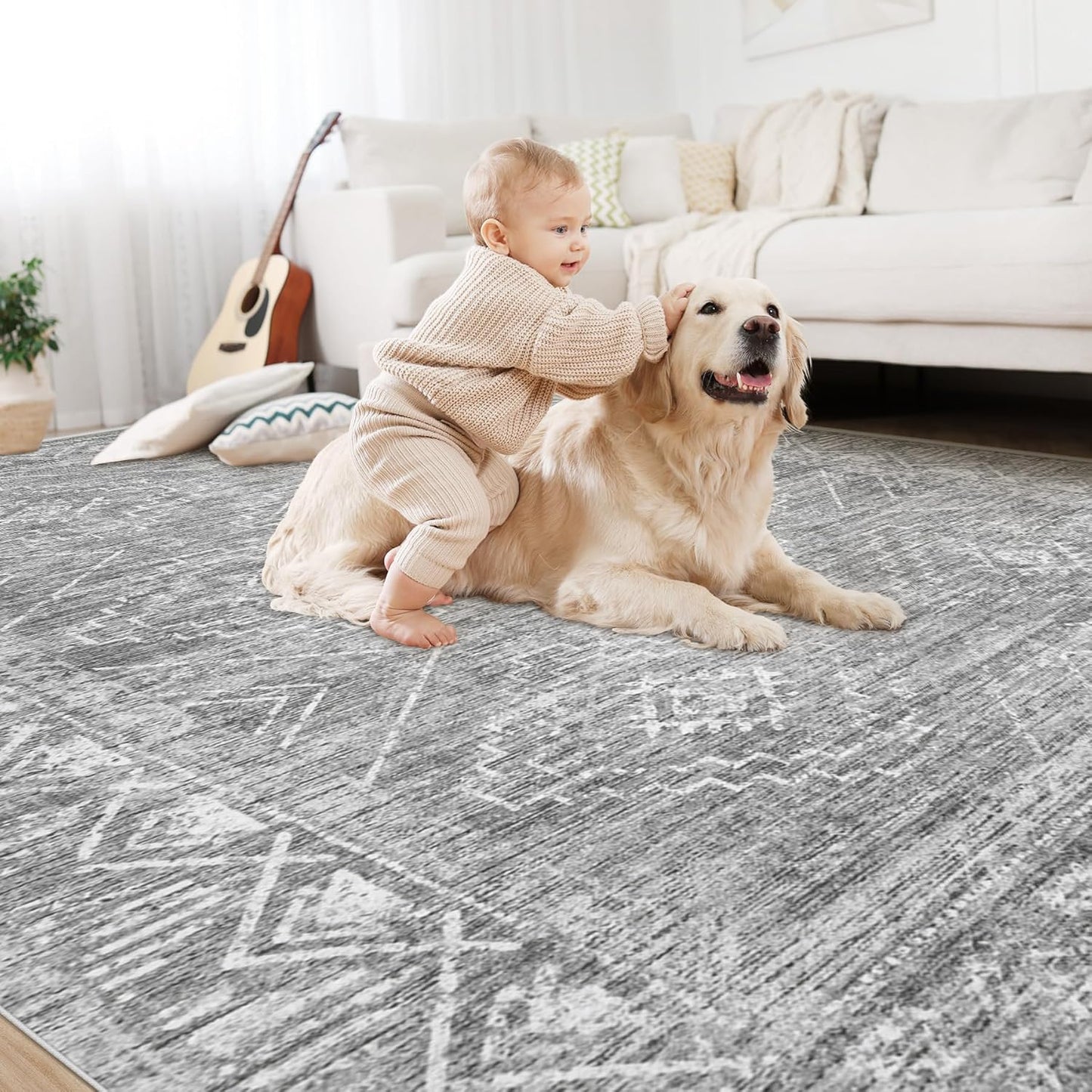 Large Living Room Area Rug 9x12 - Machine Washable Vintage Boho Moroccan Rugs Geometric Neutral Rug Non-Shedding Low Pile Distressed Farmhouse Carpet for Bedroom Nursery Classroom Dorm (9 x 12, Grey)