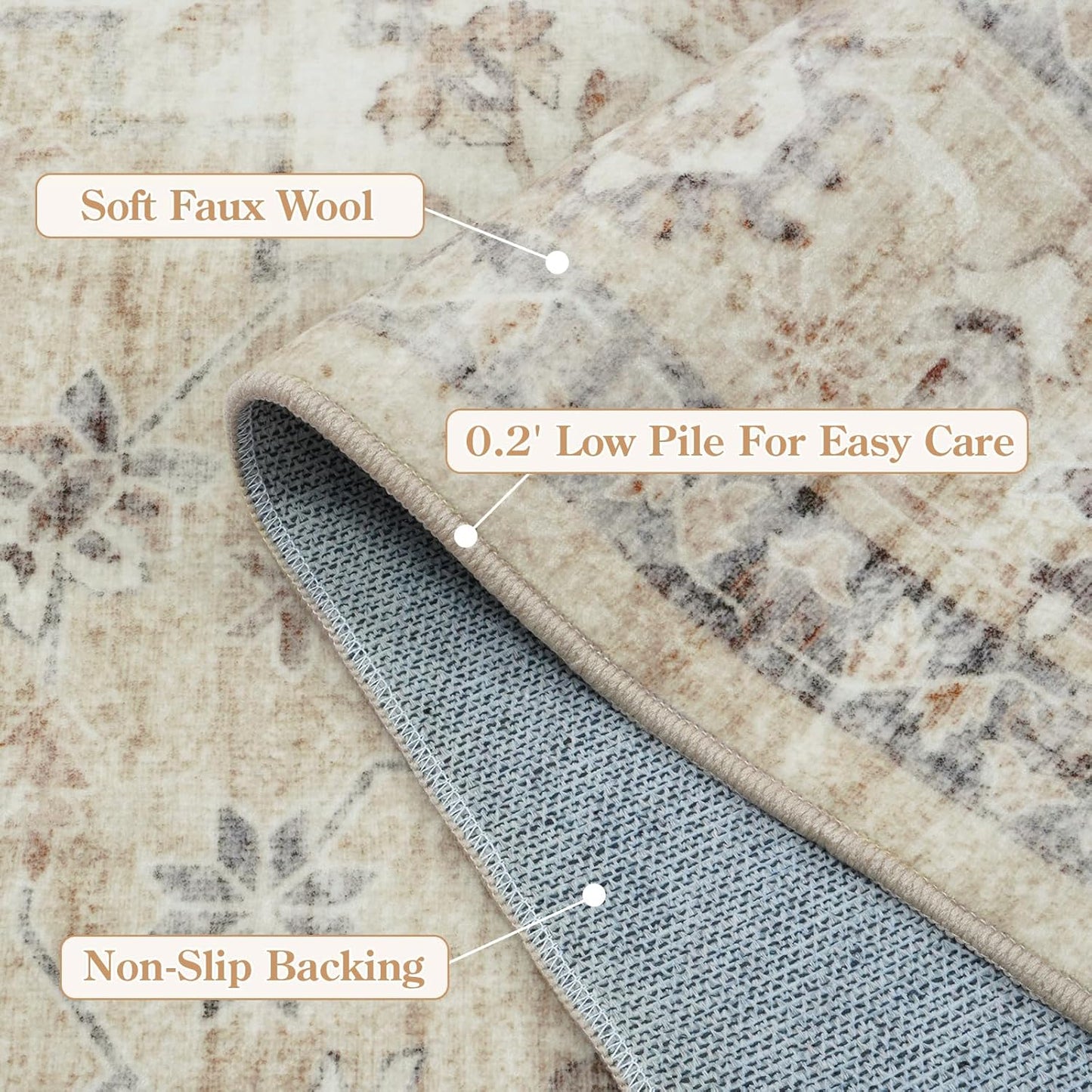 LIVEBOX Washable Area Rug 8x10 Rugs for Living Room Bedroom, Non-Slip Boho Neutral Carpet for Dining Room Office, Low-Pile Farmhouse Soft Carpets for Kids Nursery Room Playroom, Tan