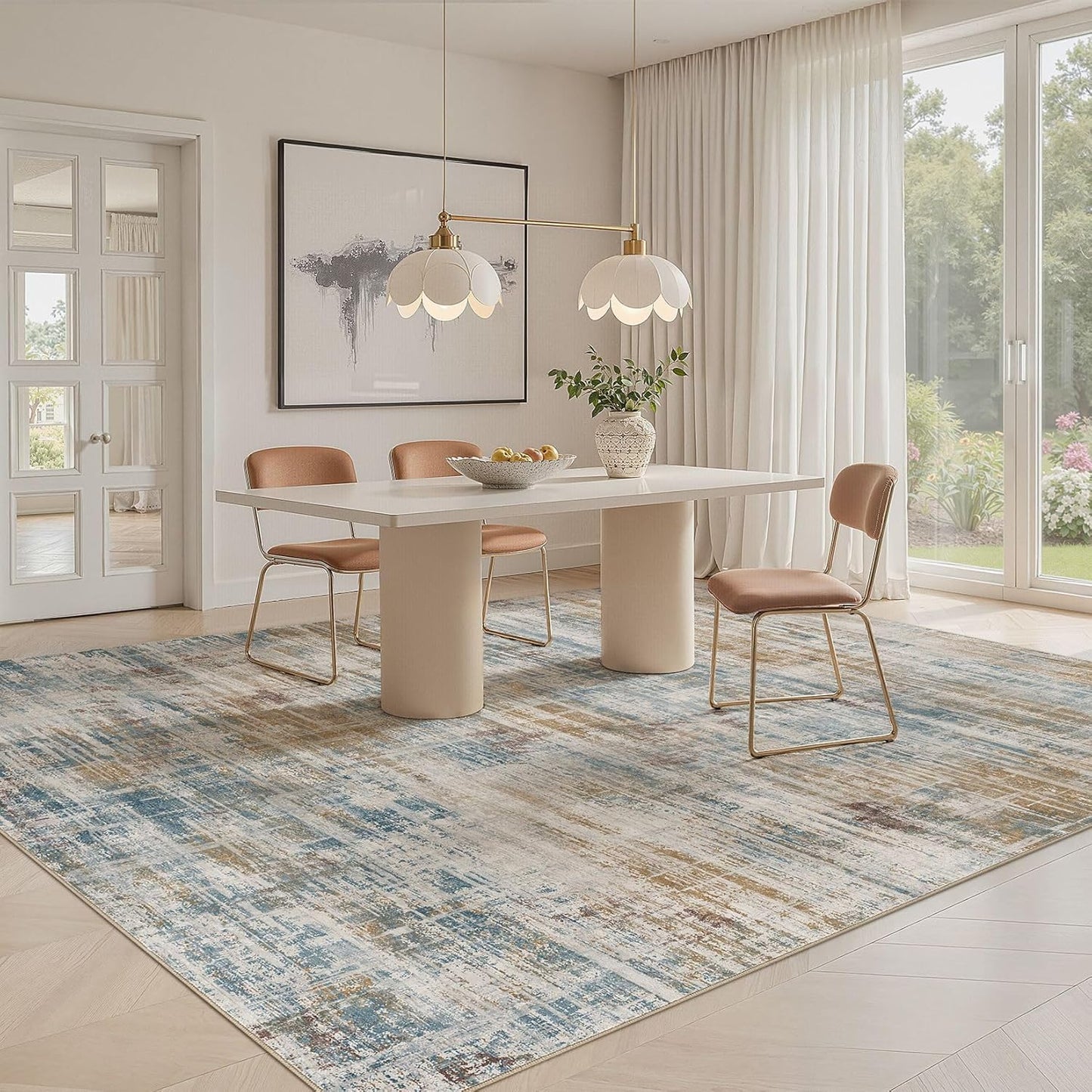 Area Rug for Living Room: 9x12 Washable Neutral Abstract Modern Soft Rugs Non Slip Indoor Floor Stain Resistant Large Carpet for Bedroom Dining Room Office Nursery - Blue Brown