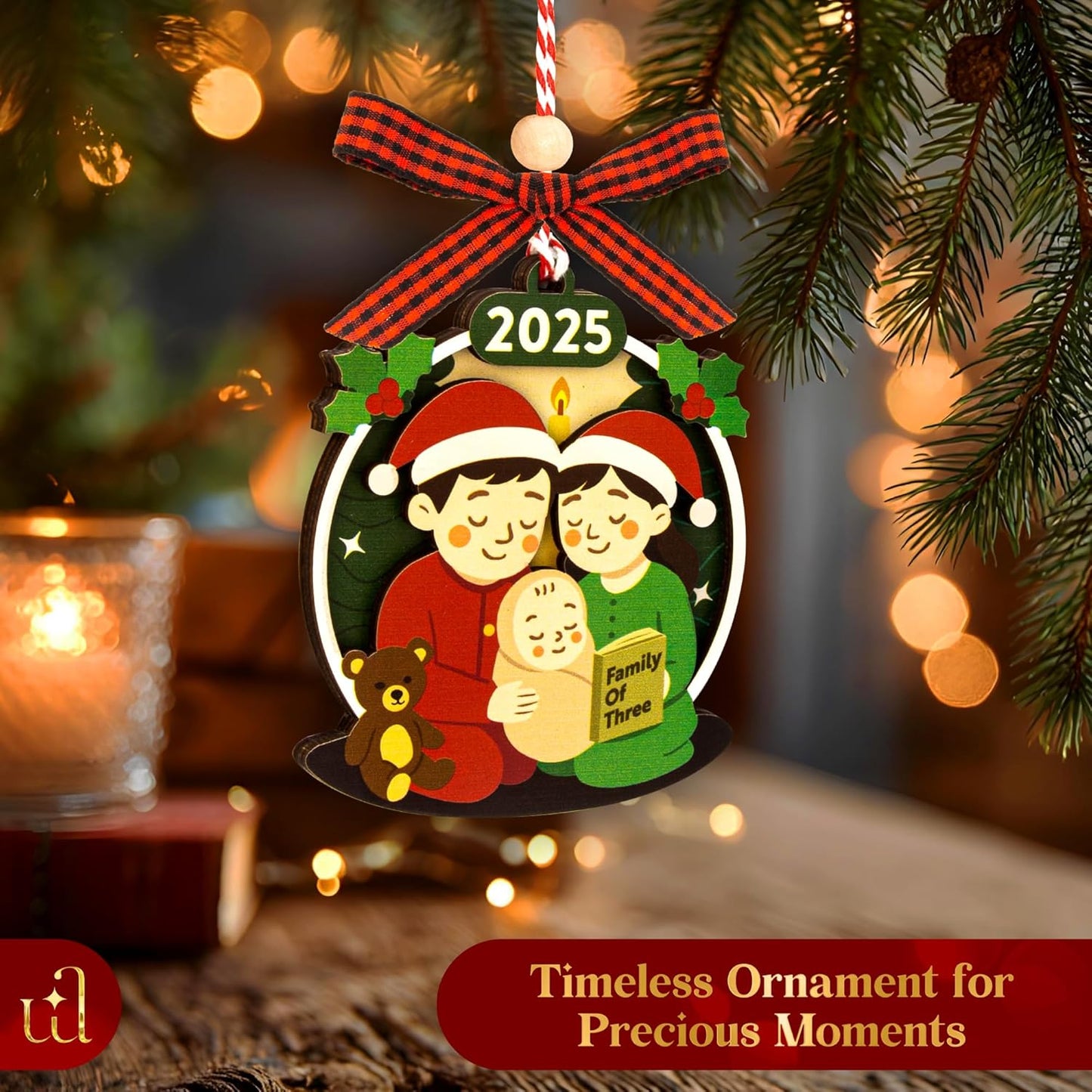 Family of 3 Christmas Ornaments 2025 - Our First Christmas As A Family of Three Ornament 2025, Unique Baby 1st Xmas Ornaments, New Parents Gifts for Mom Dad Xmas Tree Decorations