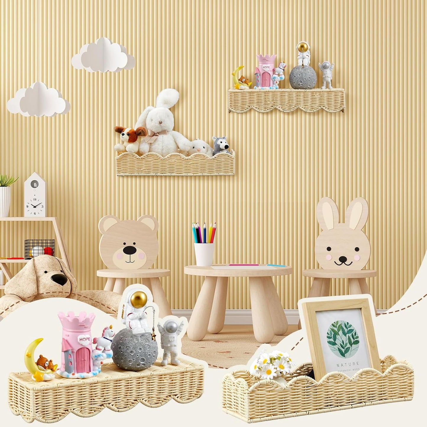 Pinkunn 3 Set Nursery Book Shelves Scalloped Rattan Wall Shelf 15.8 x 3.2 Inch Wall Mounted Plastic Floating Book Shelve, Hanging Boho Wicker Woven Shelf for Nursery Decor and Storage (Boho Beige)