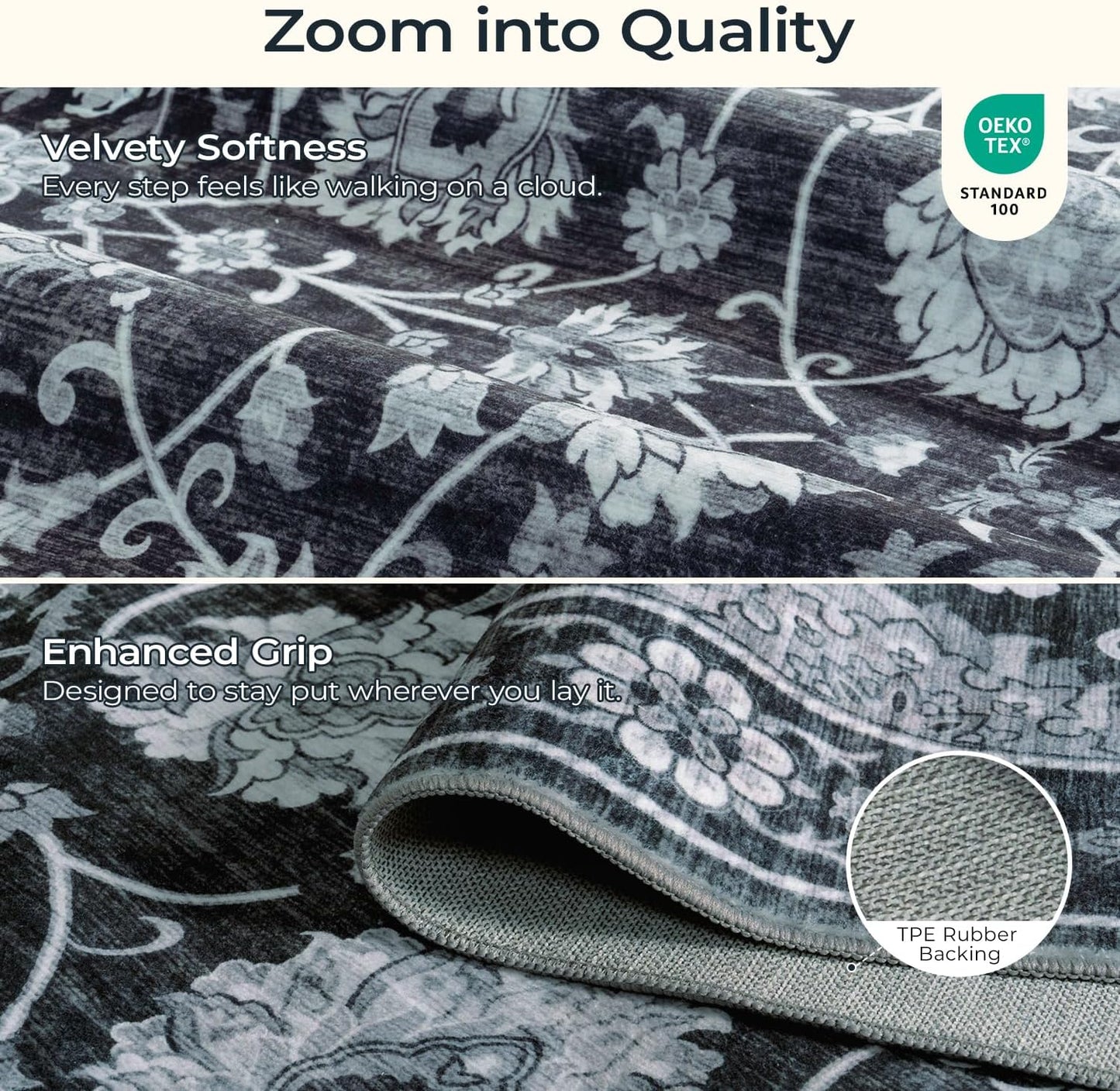 6x9 Area Rug for Living Room & Bedroom, Washable Non-Slip Vintage Distressed Rugs, Floral Soft Carpet, Low Pile Wool Carpets for Indoor Dining Home Office Playroom Under Table, Black