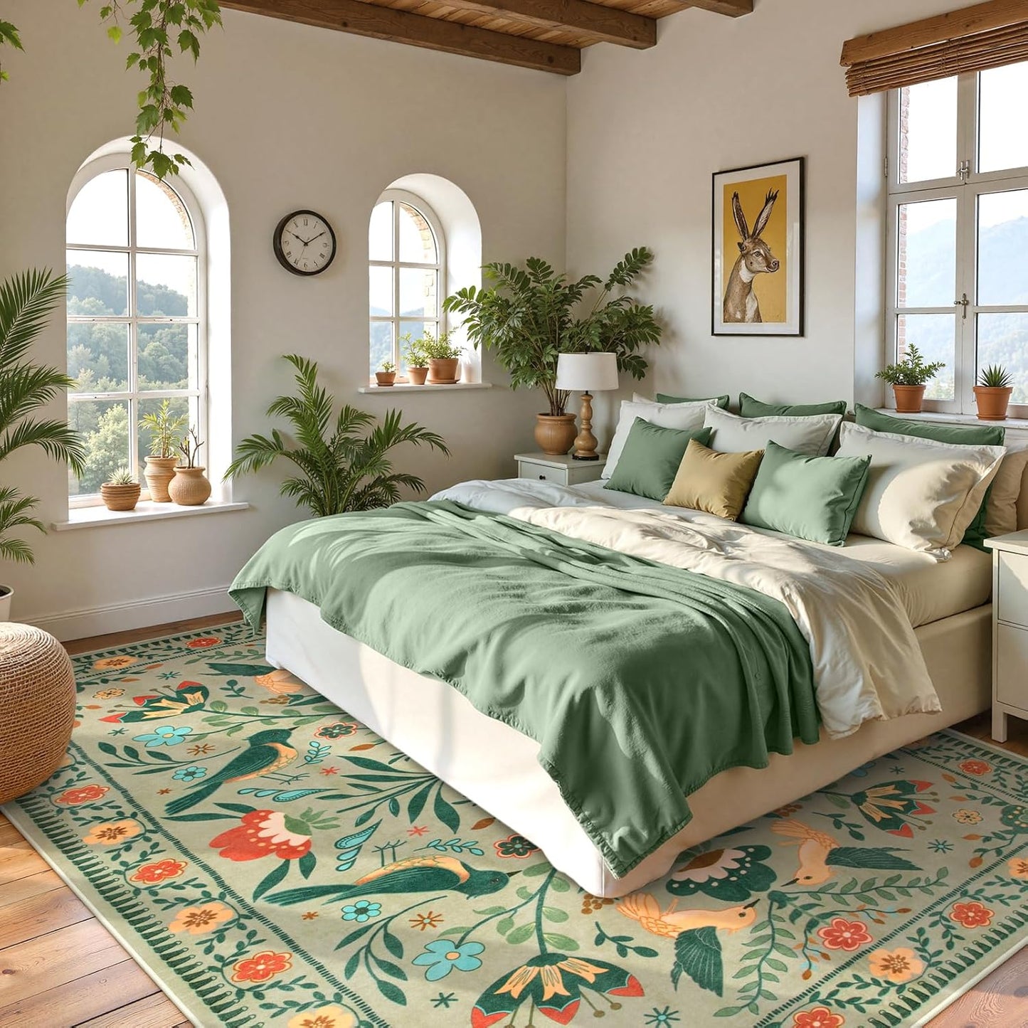 Moynesa Washable 8x10 Area Rugs for Living Room, Ultra Thin Soft Boho Bedroom Rug Stain Resistance, Low Pile Indoor Bird Pattern Sage Green Large Carpet for Nursery Dining Room Under Table