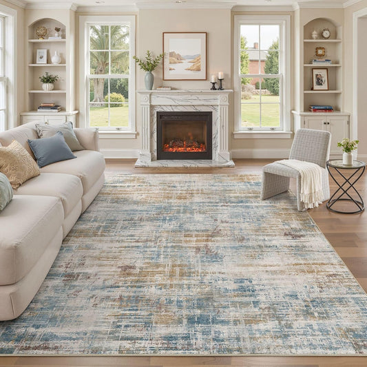 Area Rug for Living Room: 10x12 Washable Neutral Abstract Modern Soft Rugs Non Slip Indoor Floor Stain Resistant Large Carpet for Bedroom Dining Room Office Nursery - Blue Brown