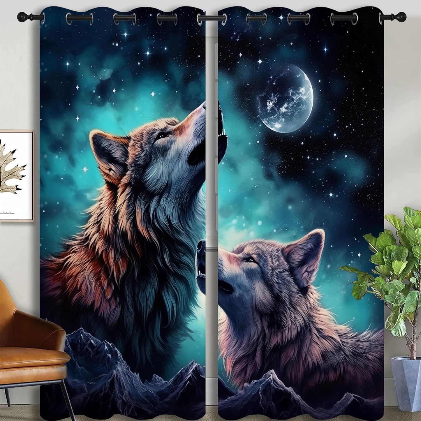 Wolf Blackout Curtains for Boys Girl Bedroom Decor,Starry Sky Howling Wolf Under The Full Moon Thermal Insulated Grommet Drapes Darkening Window Curtain for Living Room Home 84x63 inch