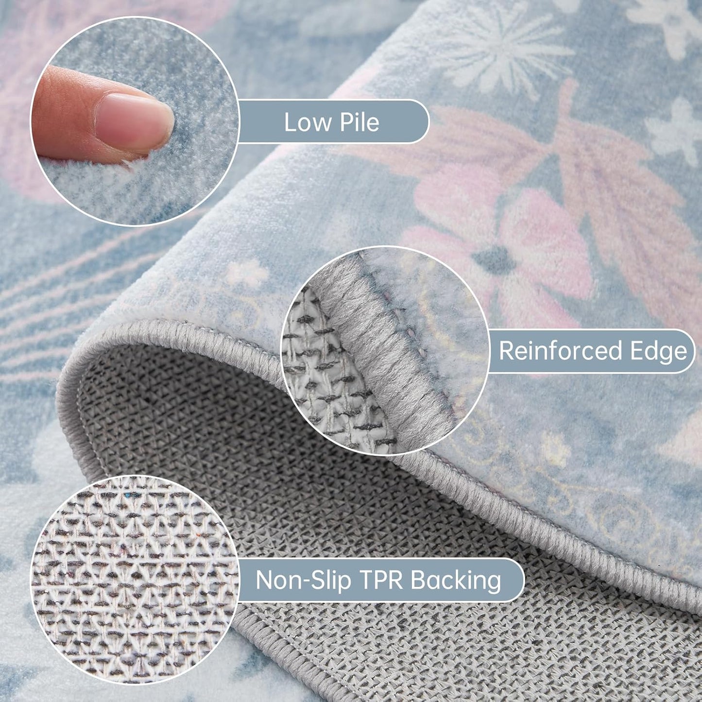 Blue 6x9 Area Rugs Machine Washable Low Pile Non Slip Stain Resistant for Living Room Big Boho Vintage Flower Pattern Carpet Rug Ultra-Thin for Bedroom Dining Room Kids Playroom