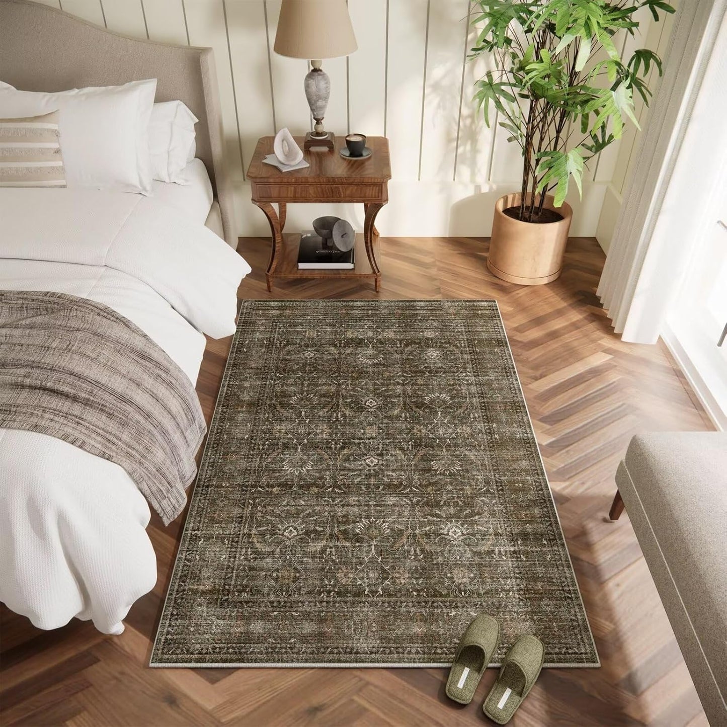 Washable 4x6 Rugs for Living Room, Boho Non-Slip Silicone Backing Small Rugs for Bedroom Nursery Office, 0.3" Neutral Oriental Throw Carpet with 0.16" Cushioning Pad, Deep Brown/Multi