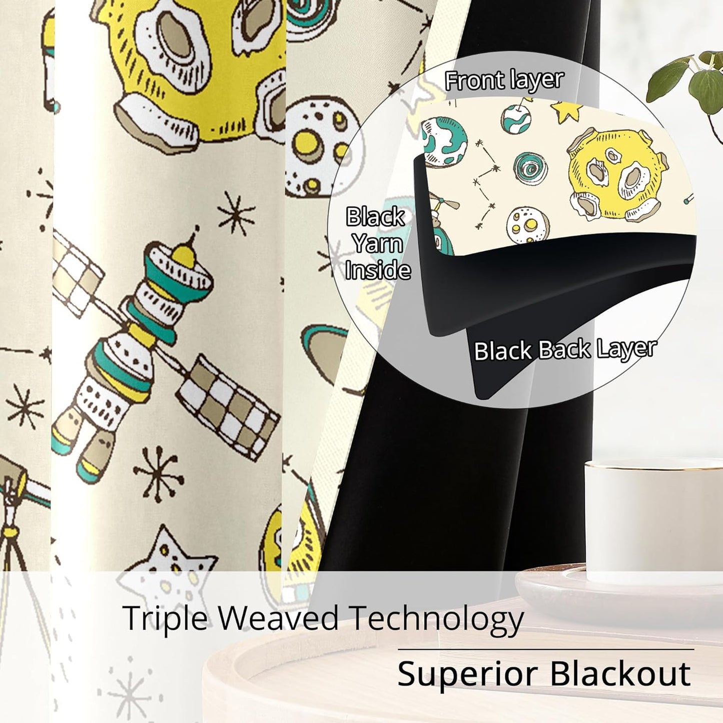 Kids Space UFO and Rocket Blackout Curtains - 100% Blackout, Thermal Insulated, Noise Reducing, Perfect for Kids Room and Nursery, 2 Panels (Space Explorer Sketchbook, W52×L84)