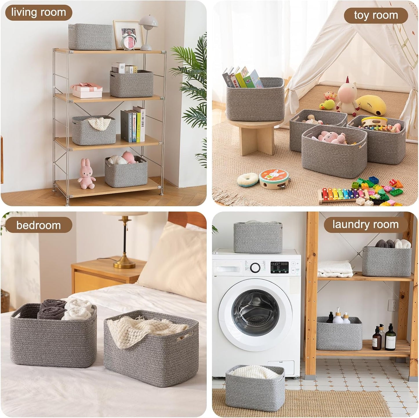 Storage Baskets for Organizing, Woven Decorative Baskets for Shelves - Books, Towels, and Clothes, Cotton Rope Toy Storage Bins, 12.7''Lx9''Wx7.8''H, Pack of 4, Grey