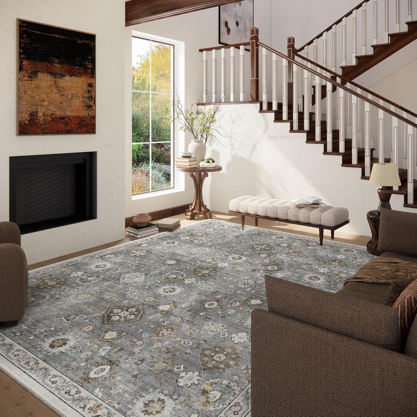 Machine Washable Rug for Living room: 5x7 Area Rugs Boho Vintage Rugs Stain Resistant Non Slip Low Pile Lightweight Soft Carpets for Bedroom Kitchen Dining Room Nursery Kids Room Farmhouse Home Office