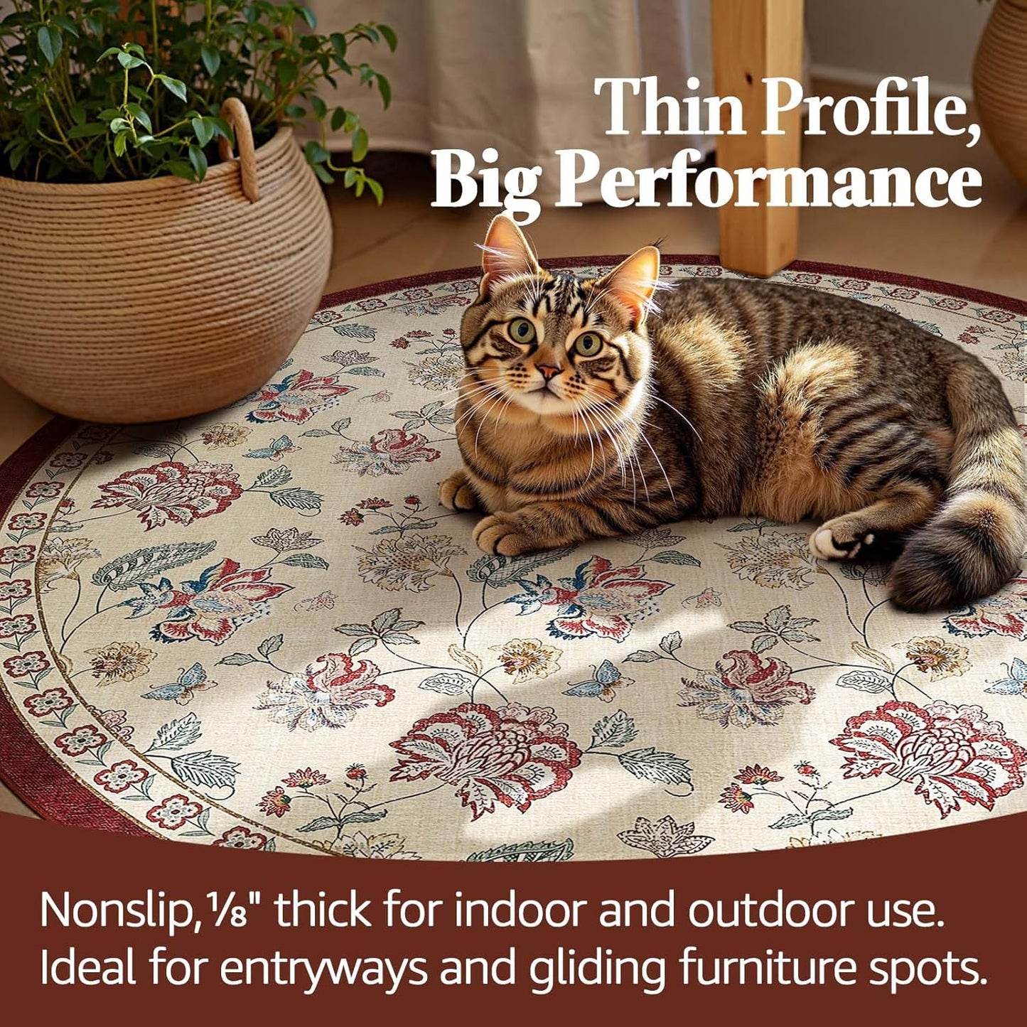 jinchan 8ft Floral Round Rug for Dining Room Washable Living Room Rug Vintage Romance Design Non Slip Indoor Floor Cover Lightweight Low-Profile Throw Carpet for Bedroom Porch Patio, Red/Beige