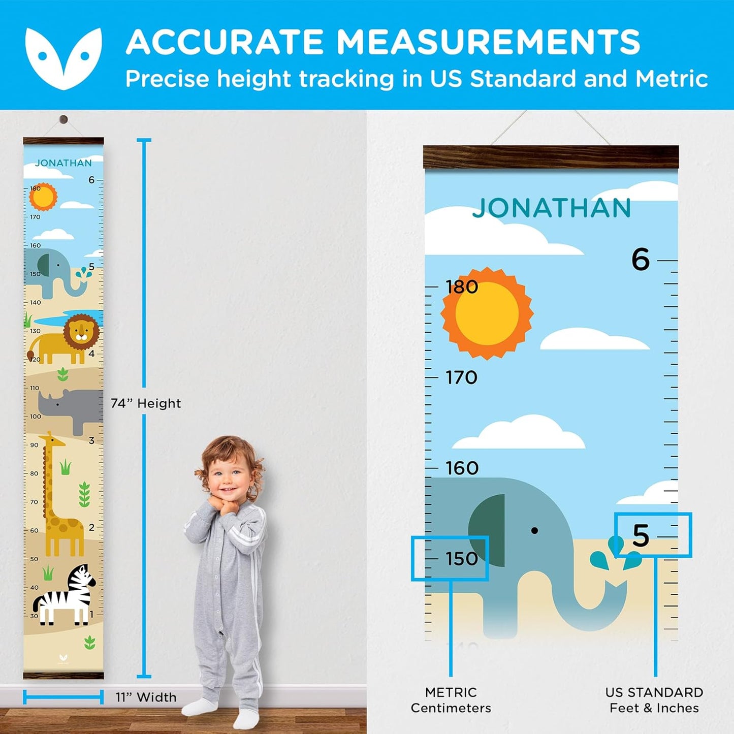 WISE OWL Personalized Growth Chart for Kids - Height Wall Chart for Boys with Peel & Stick Letters for Name - Hanging Canvas Wall Measurement Height Tracker for Baby Gift (Safari)