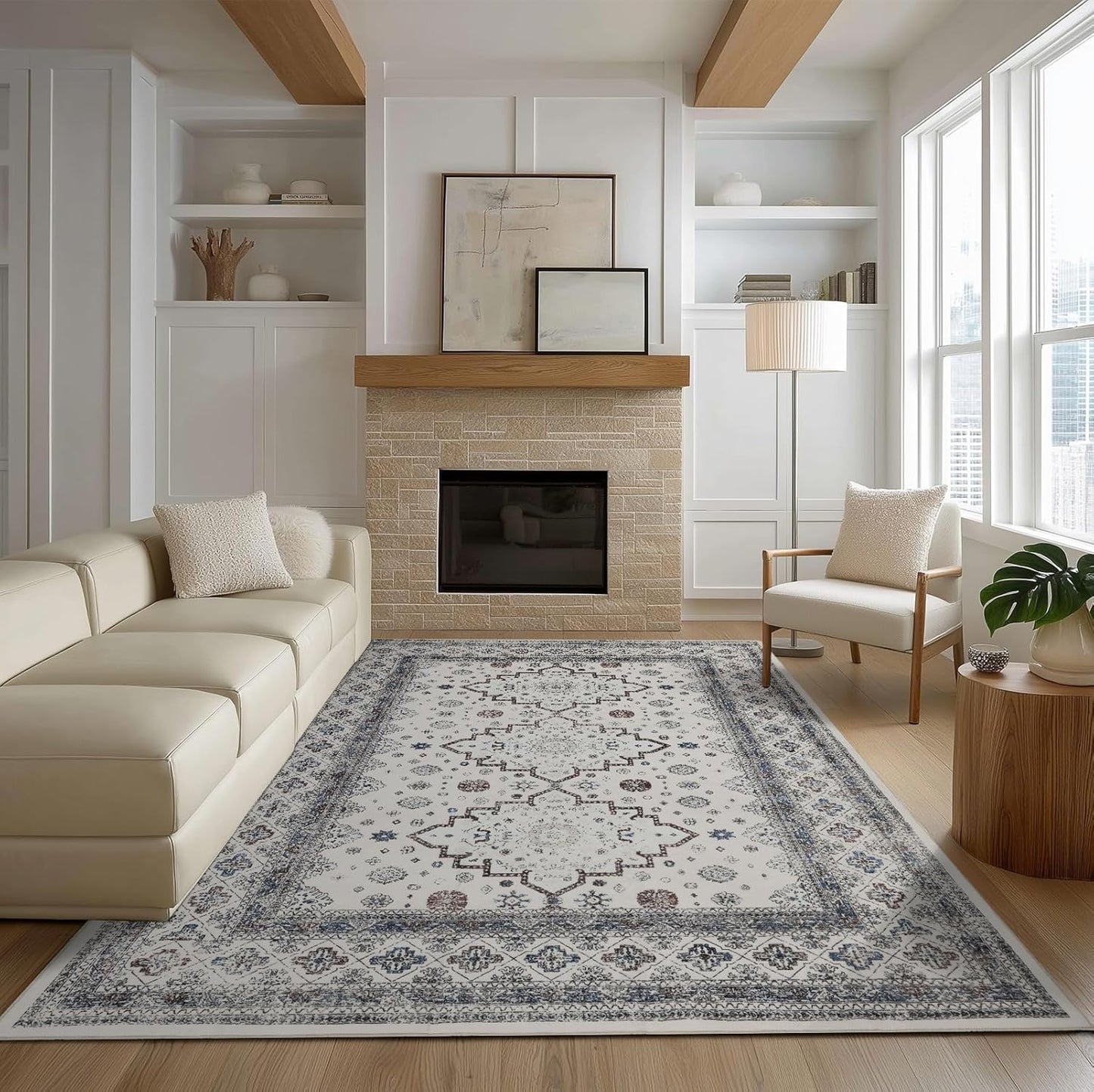 Washable 6x9 Area Rug for Living Room, Carpet for Bedroom Dining Room, Non Slip&Non-Shedding Resistant Low Pile Vintage Print Rug for Home Office (White Cream/Gray)