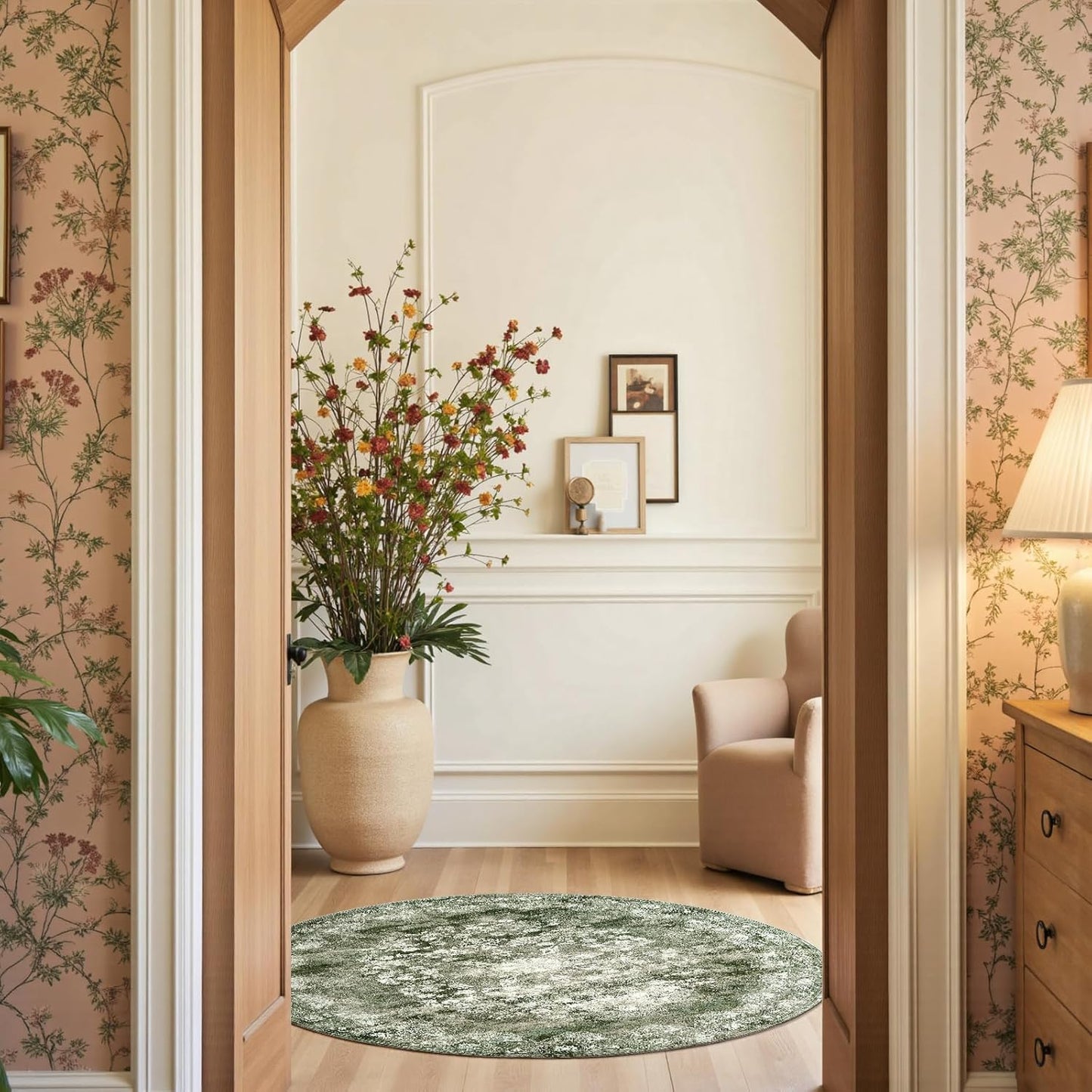 jinchan Round Rug 5ft Area Rug - Green Vintage Floor Mat Kitchen Indoor - Washable Circle 5' Thin Floral Print Carpet Retro Farmhouse Non Slip Dining Room Living Room Bedroom Office