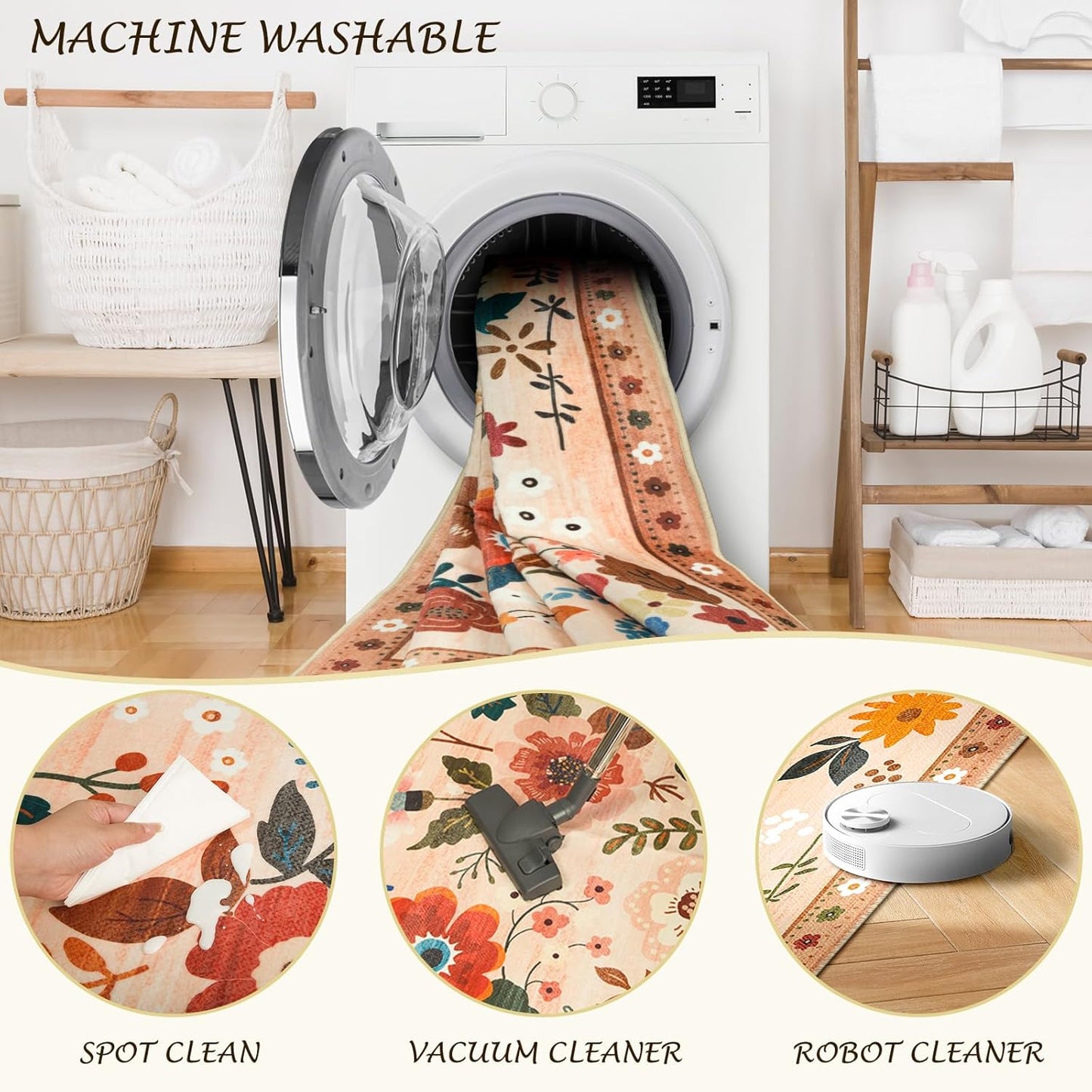 Floral 2x10 Area Rug Machine Washable Soft Print Boho Carpet Non Slip Doormat Low Pile Flower Area Rugs for Living Room Bedroom Nursery Kitchen Dining Room Indoor-Light Orange