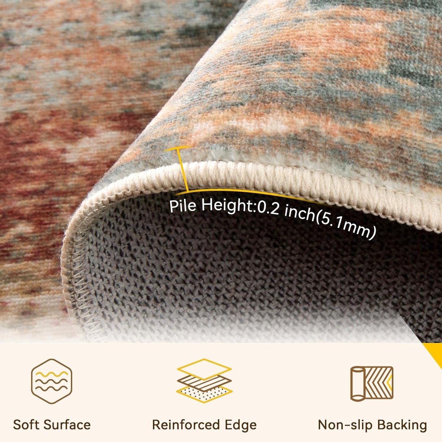 Washable Area Rugs 4ft Non-Slip Modern Abstract Soft for Living Room Entryway Bedroom Nursery, Print Pattern, Brown Rust Red Multi