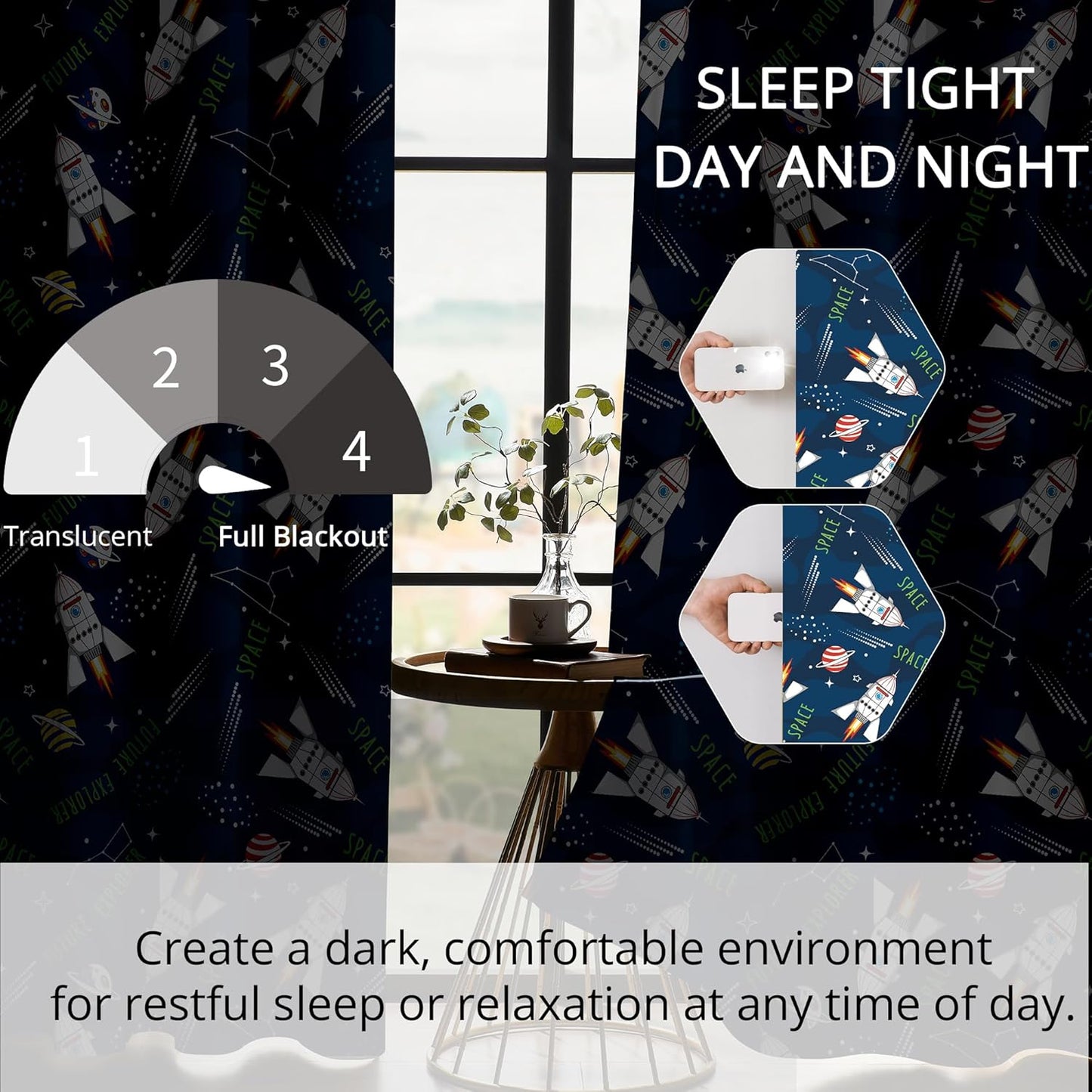 Kids Space Rocket Blackout Curtains - 100% Blackout, Thermal Insulated, Noise Reducing, Perfect for Kids Room and Nursery, 2 Panels (Future Explorer Rockets, W52×L84)