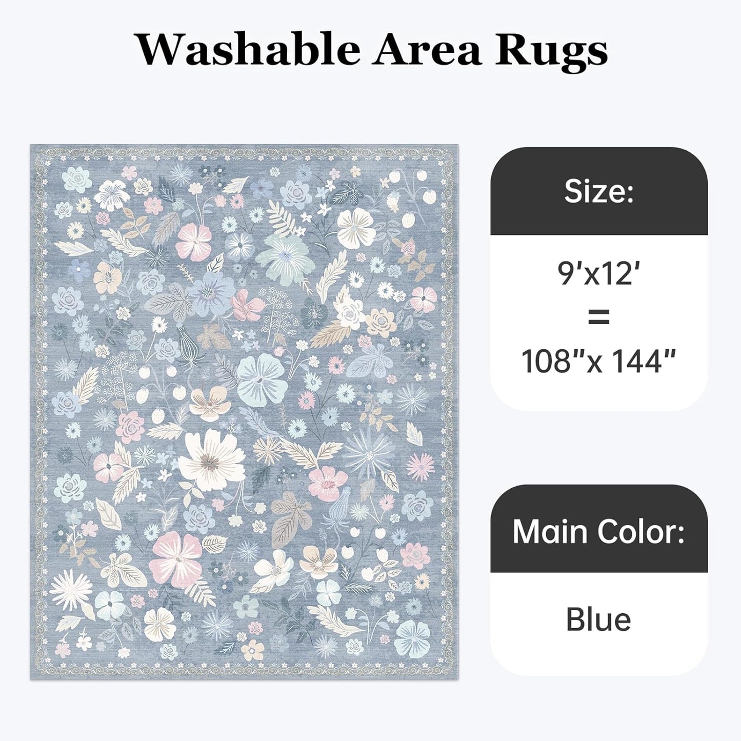 Blue Area Rugs 9x12 Living Room Floral Boho Vintage Machine Washable Area Rugs Stain Resistant Low Pile Cottage Core Carpet Rug for Bedroom Dining Room Classroom Playroom,Slate Blue