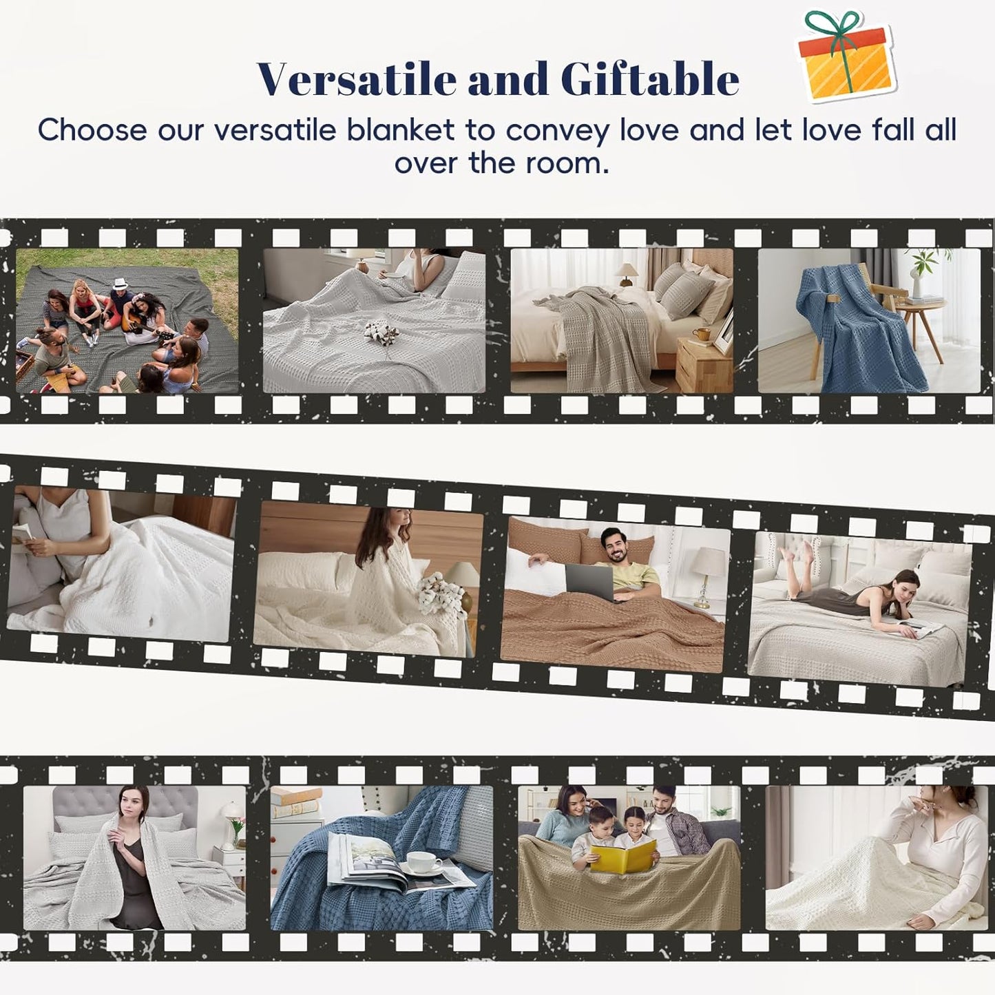 PHF 100% Cotton Waffle Weave Blanket Queen Size, Soft Lightweight Breathable Cozy Summer Blankets for Bed, Luxury Aesthetic Woven Bedding for Home Decor, 90"x90", Captain's Blue