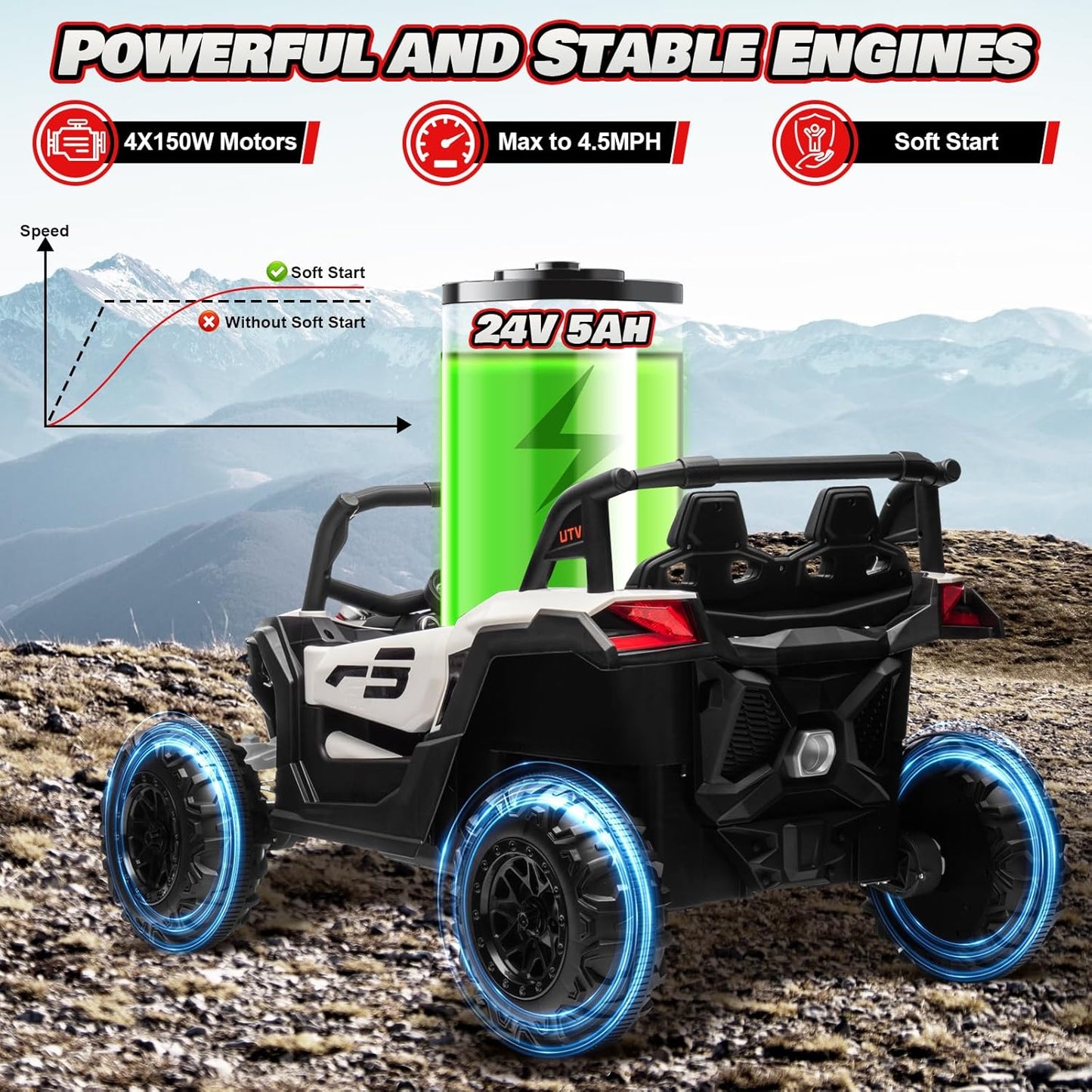 Electric Car for Kids, JOYRACER 24V Ride on Car Battery Powered Off-Road UTV w/Remote Control, 3 Speeds, 4x150W Powerful Motors, 18" Seat, Bluetooth, MP3, Electric Vehicles with Big Pull Bow