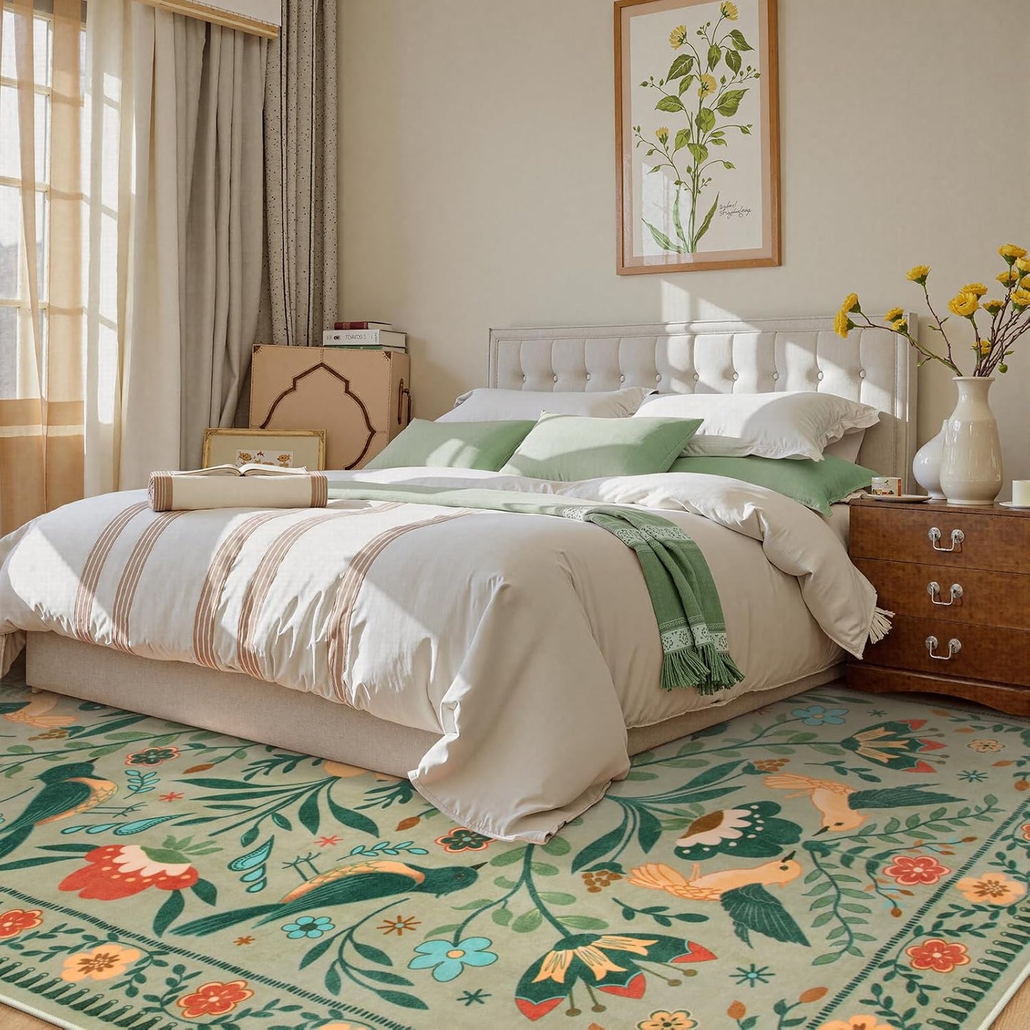 Moynesa Area Rugs 9x12 Living Room Washable, Ultra Thin Soft Boho Bird Bedroom Rug Easy Clean, Low Pile Indoor Multi Color Large Sage Green Carpet for Dining Room Kid Playroom Nursery