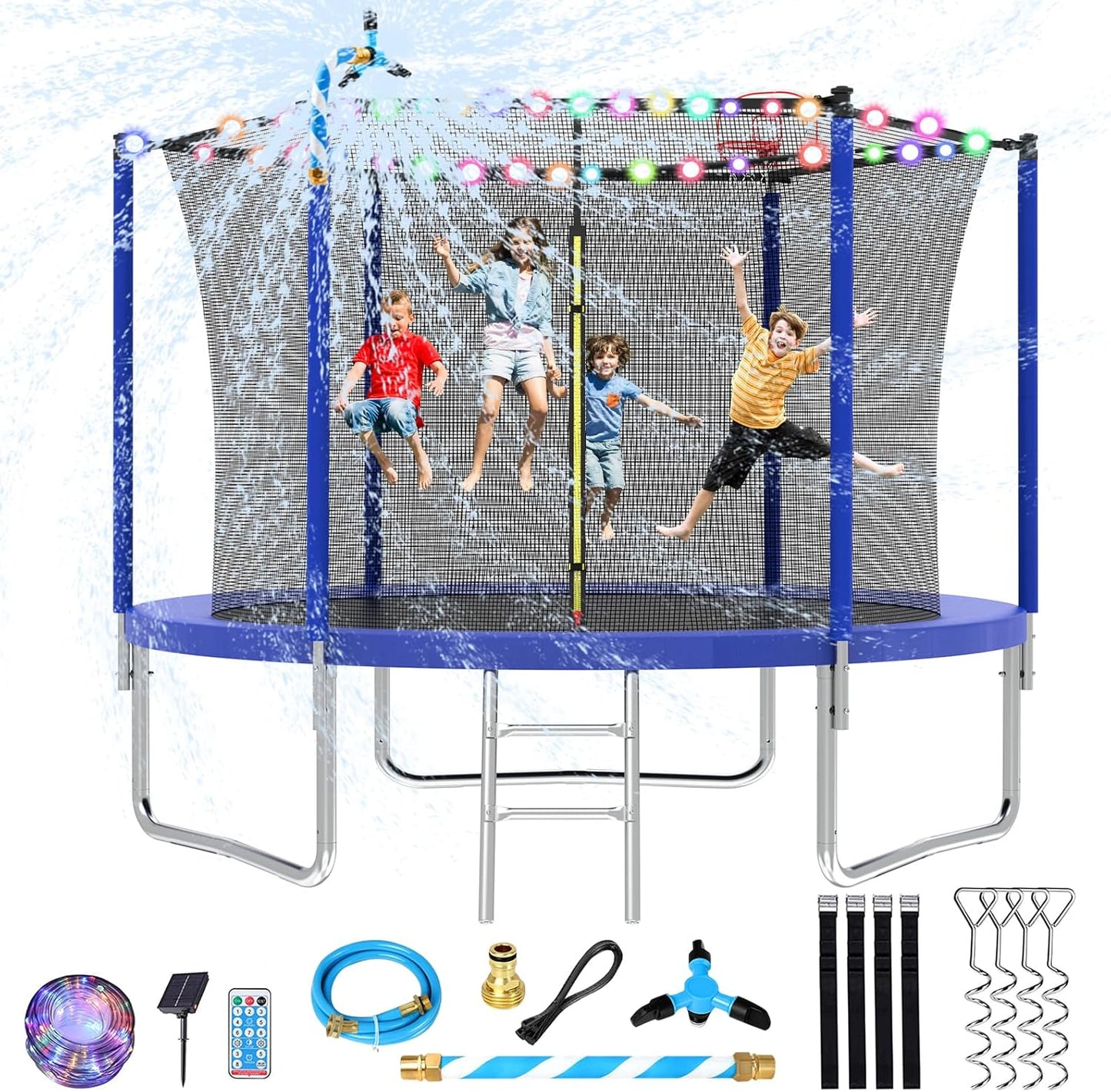 Upgraded 10/12/14/15/16FT Trampoline Outdoor, Large Kids Trampoline with Light, Stakes, Sprinkler, Backyard Trampoline with Basketball Hoop and Net, Capacity for 4-6 Kids and Adults