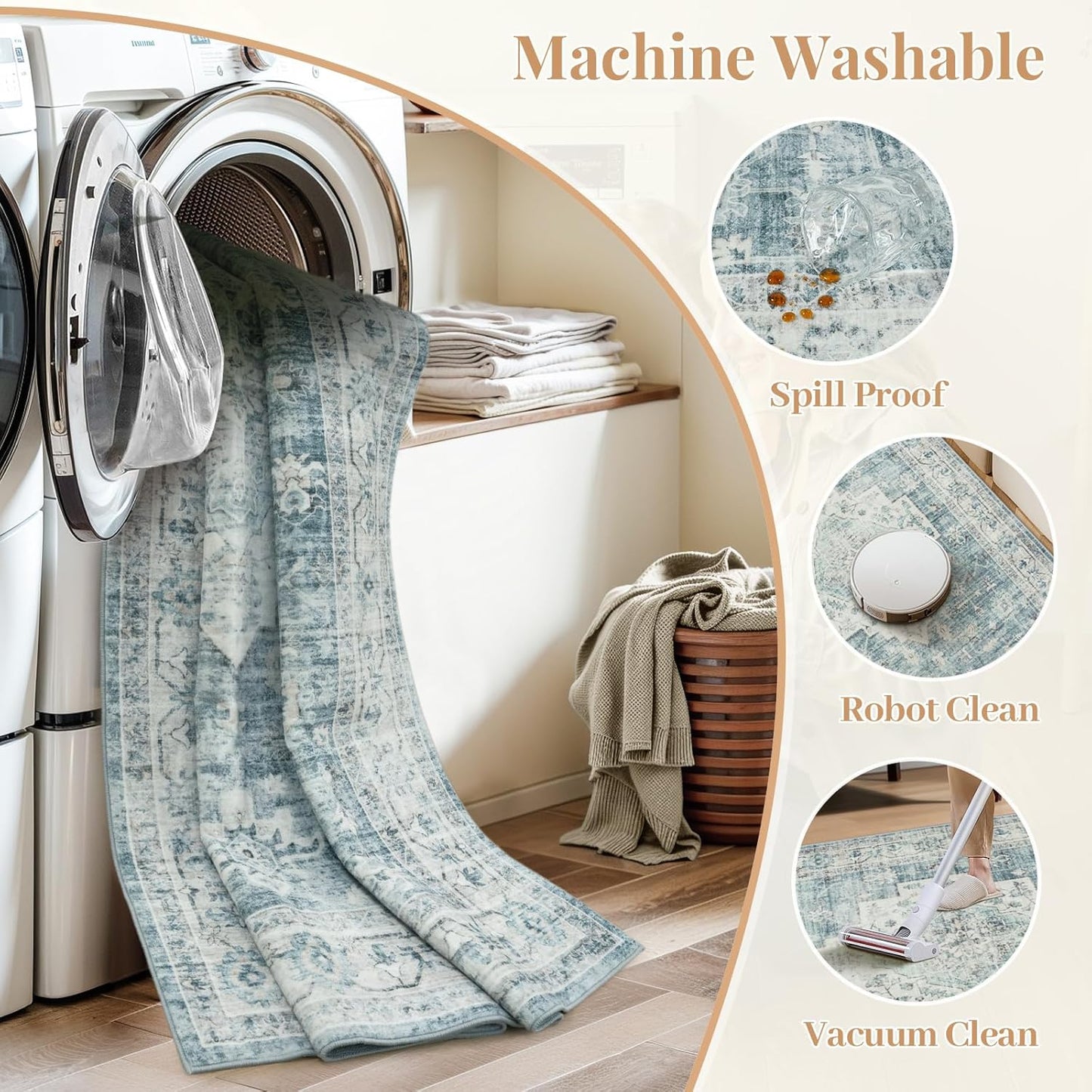 LIVEBOX Washable 2.5x8 Runner Rugs for Entryway Bathroom, Boho Kitchen Floor Mats Long Rug Runners for Hallways Non Slip, Farmhouse Low-Pile Carpet Runners for Laundry Room, Blue