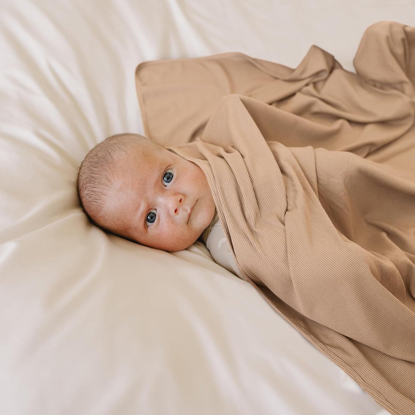 Konssy Knit Baby Blanket 2 Pack, Soft Ribbed Swaddle Receiving Blankets for Boys & Girls, Lightweight Cozy Swaddling Wrap for Newborns, Infants, & Toddlers, 33x42 Inch (Clay,Beige)