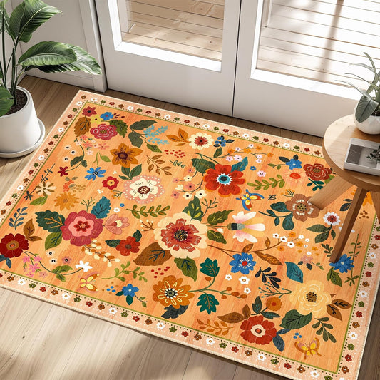 Floral 2x3 Area Rug Machine Washable Soft Print Boho Carpet Non Slip Doormat Low Pile Flower Area Rugs for Living Room Bedroom Nursery Kitchen Dining Room Indoor-Yellow/Orange