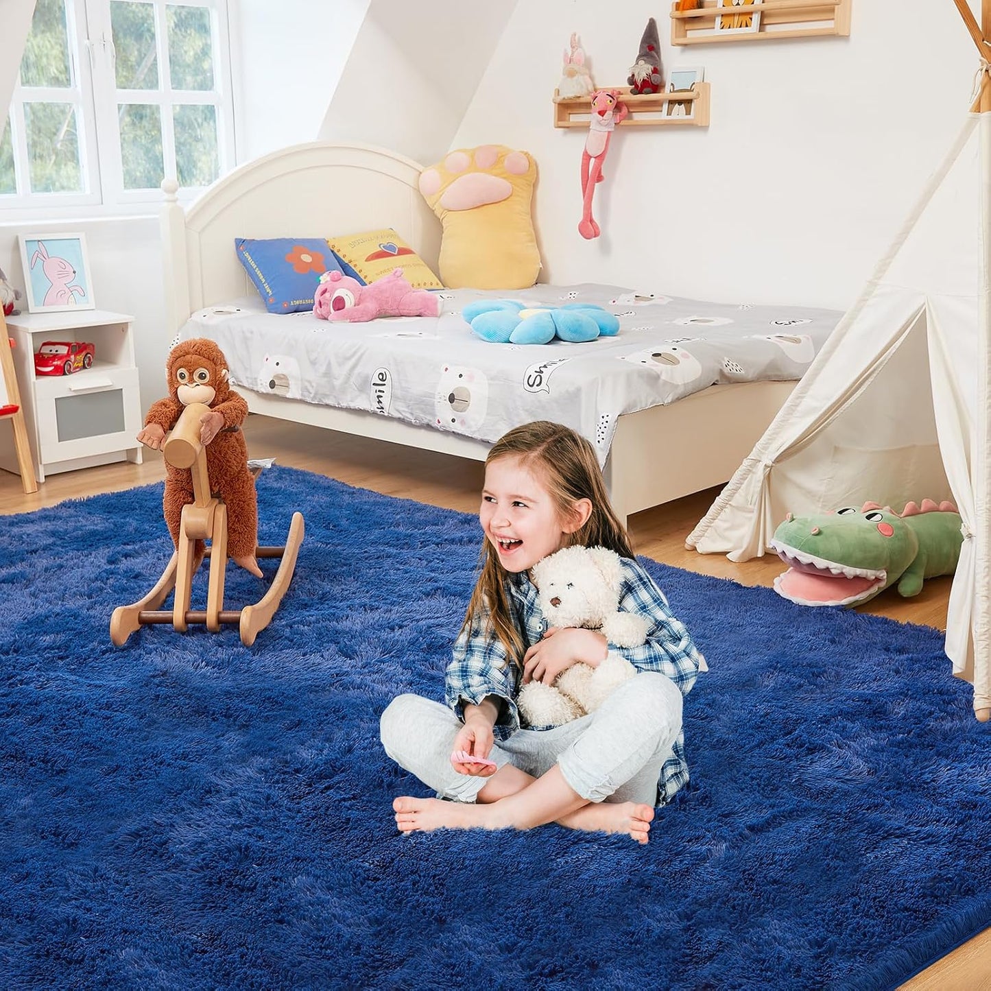 Ultra Soft Rug for Living Room, 4X6 Fluffy Shag Area Rug for Bedroom, Modern Shaggy Carpets Fuzzy Rug for Teens Dorm Nursery Home Decor Aesthetic, Upgrade Anti-Skid Durable, Blue