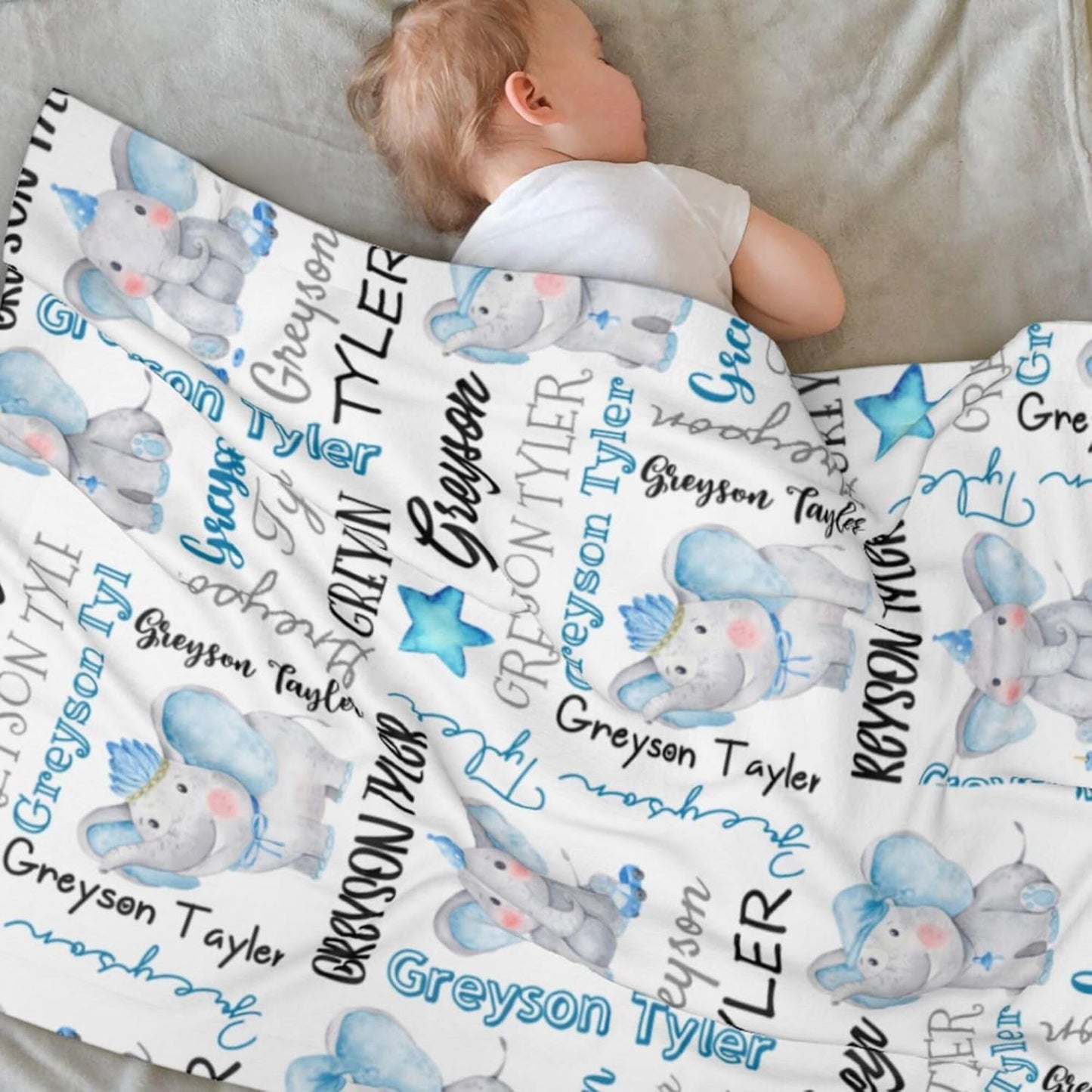 Personalized Elephant Swaddle Blanket with Name - Custom Baby Blanket for Boys & Toddlers - Kids & Newborn