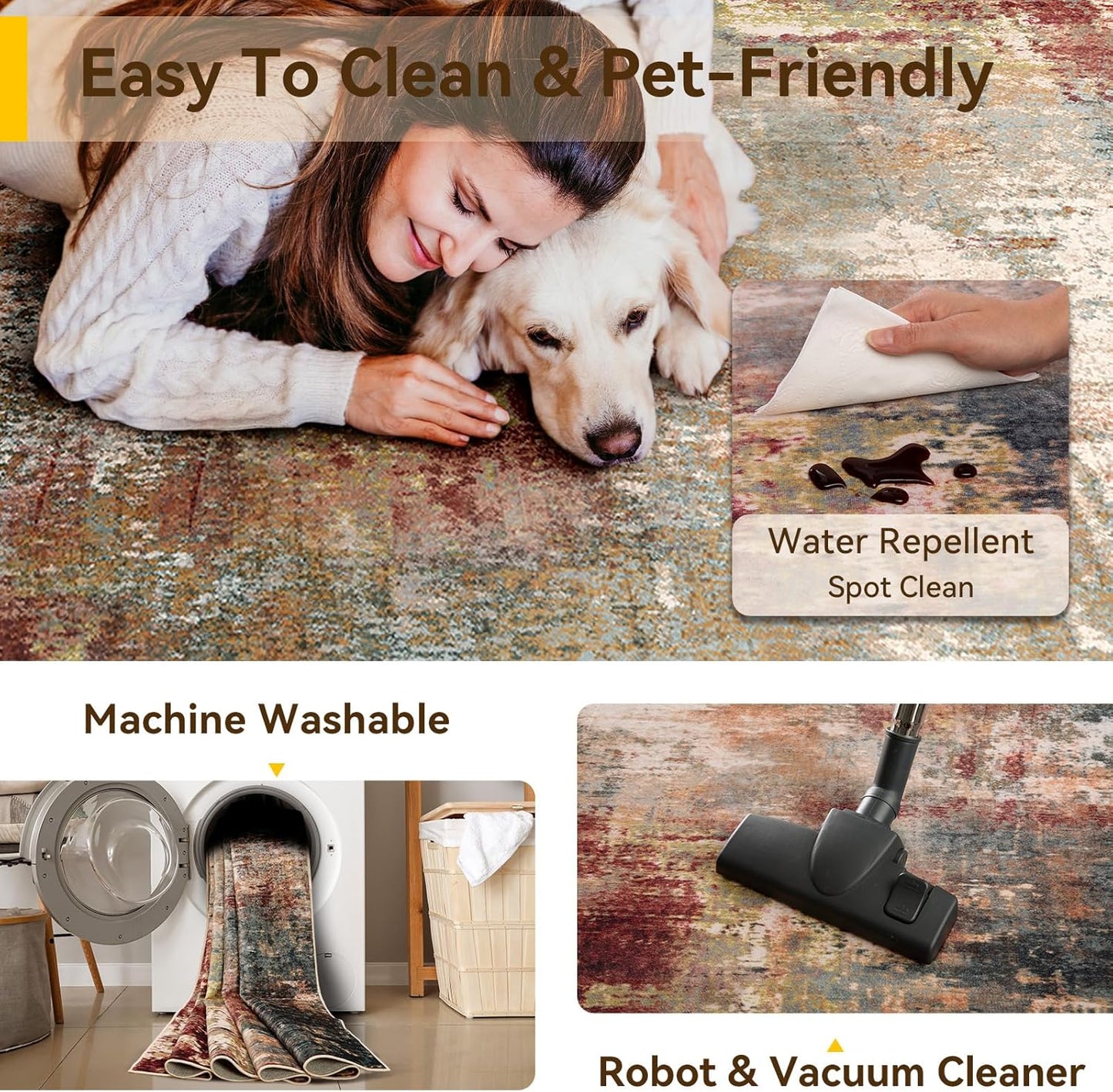 Washable Area Rugs 7'x9' Non-Slip Modern Abstract Soft for Living Room Entryway Bedroom Nursery, Print Pattern, Brown Rust Red Multi