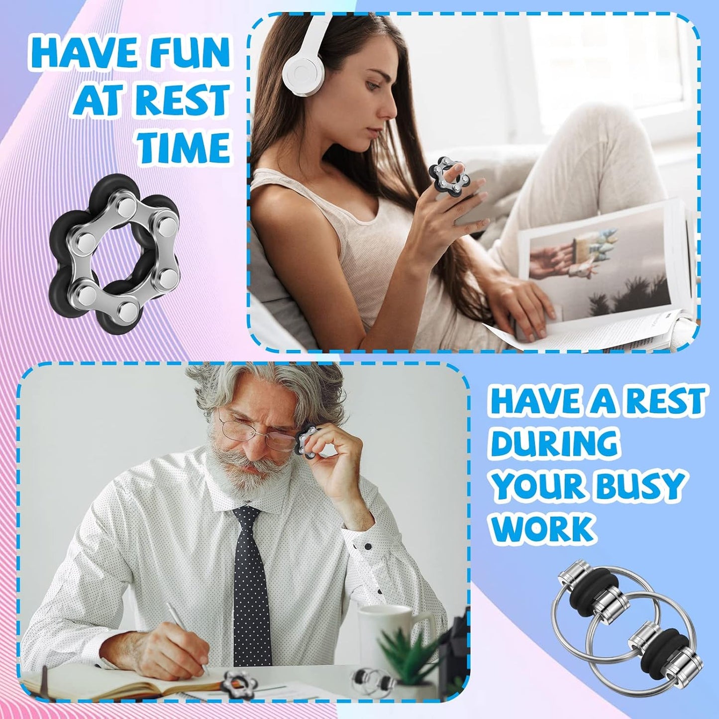 CHENGU 16 Pcs Fidget Toys Set Include 8 Six Roller Chain and 8 Key Flippy Chain Stress Reducer Bike Chain Toys Anxiety Relief Bike Chain for Teens Adults ADHD, Add, Autism (Black)