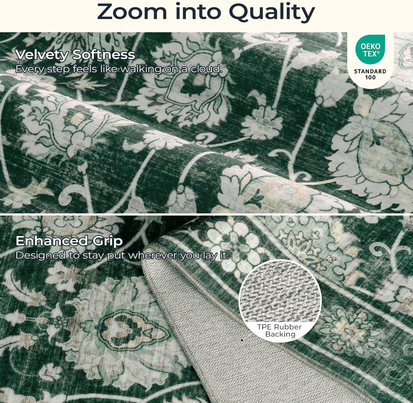 6x9 Area Rug for Living Room & Bedroom, Washable Non-Slip Floral Rugs, Soft Vintage Carpet, Low Pile Wool Carpets for Indoor Dining Home Office Playroom Under Table, Modern Decor, Dark Green