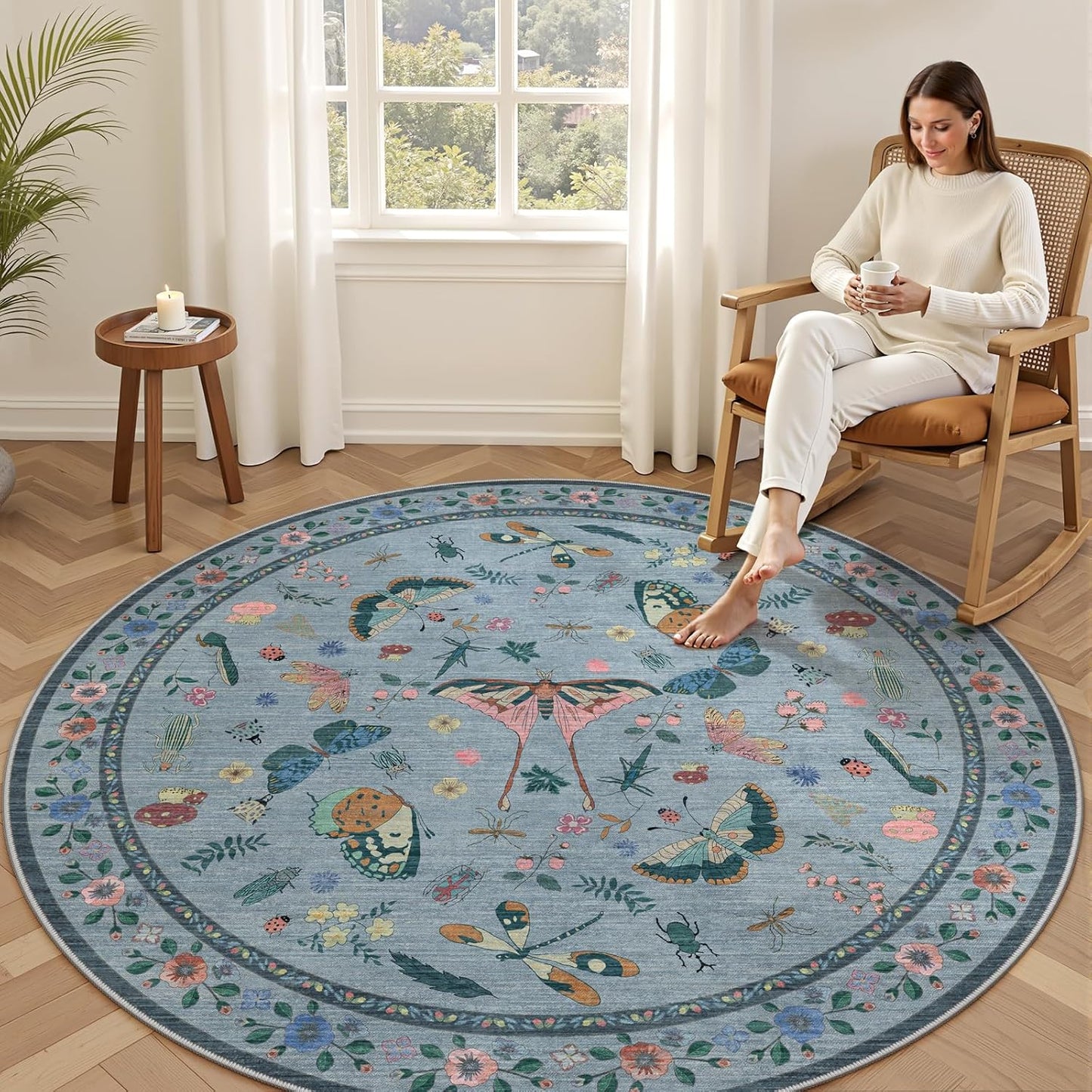 4ft Washable Round Rug - Bug Rugs for Living Room Non-Slip Low Pile Soft Ultra-Thin Machine Washable Circle Carpet for Bedroom, Entryway, Nursery, Kitchen, Home Office (4' Round Blue)