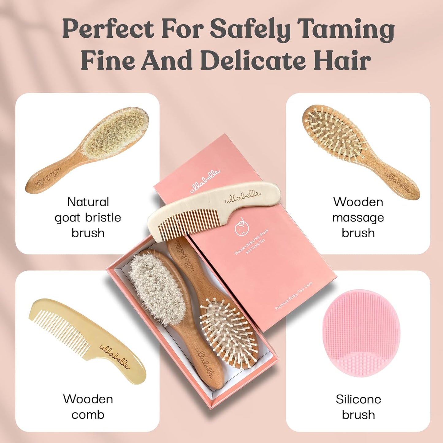 4 Piece Wooden Baby Hair Brush and Comb Set for Newborns & Toddlers in Chic Gift Box - Ultra Soft Natural Goat Hair and Wood Baby Brush Set Prevents Cradle Cap - Perfect Registry Gift (Pink)