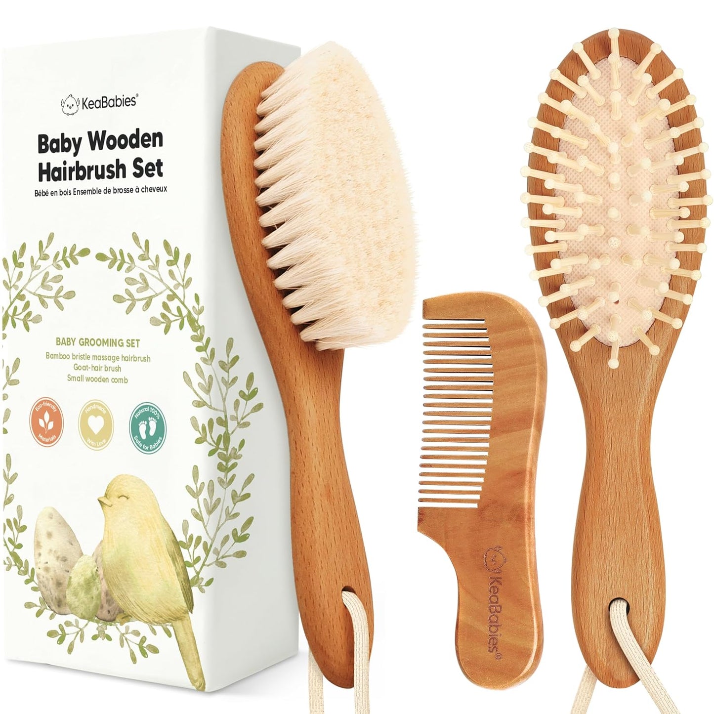 Baby Hair Brush and Comb Set for Newborn - Wooden Baby Hair Brush Set with Soft Goat Bristle, Baby Brush Set for Newborns, Baby Brush and Comb Set Girl, Boy, Toddler Cradle Cap Brush(Oval, Golden Oak)