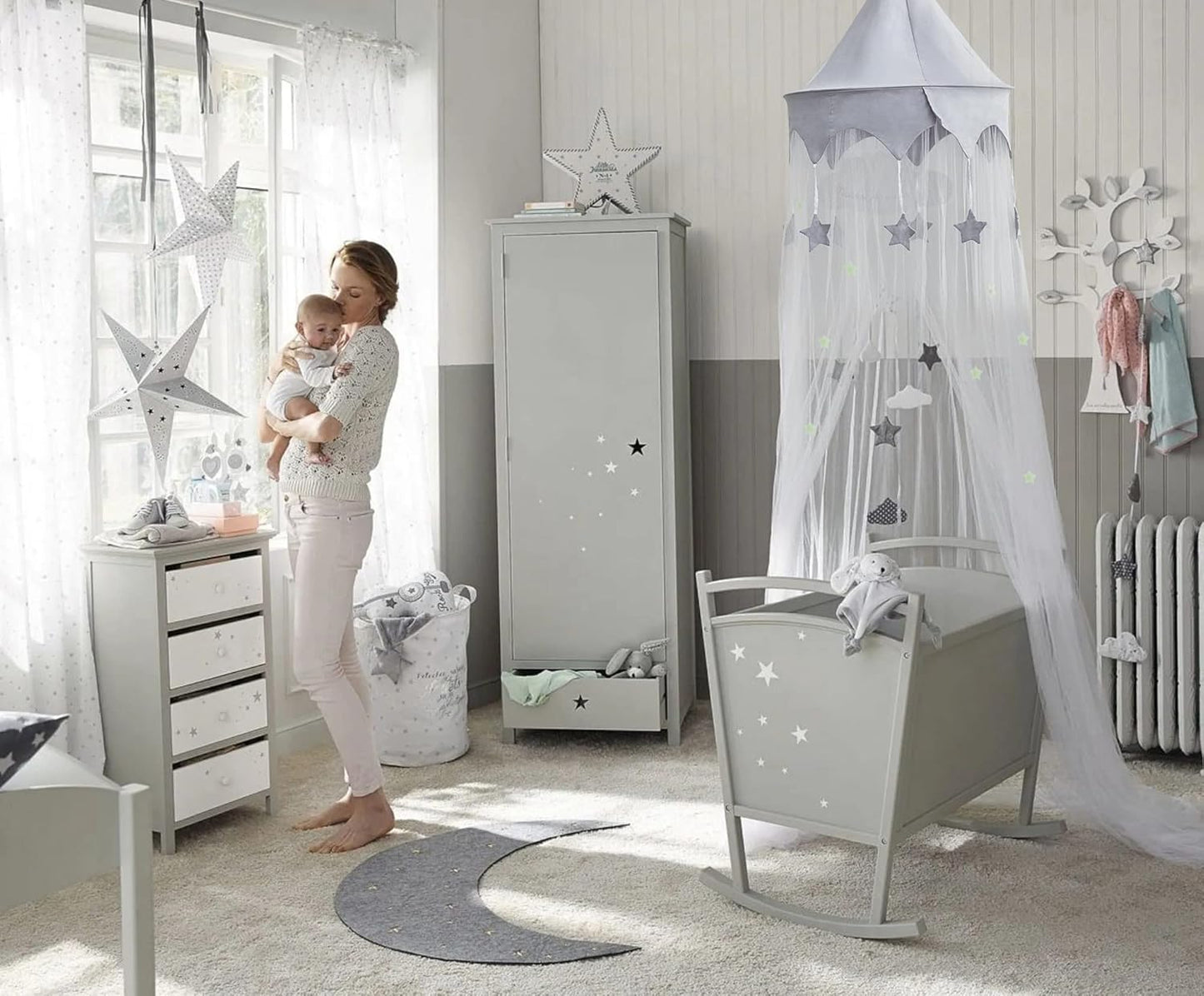 Canopy for Kids Bed with Stars, Crib Canopy with Dome, Elegant Net Hanging Fairy Girl Bed Canopy Princess Room Decoration Reading Nook Corner Curtain Fits Full Crib, Twin, Queen Play Castle Tent