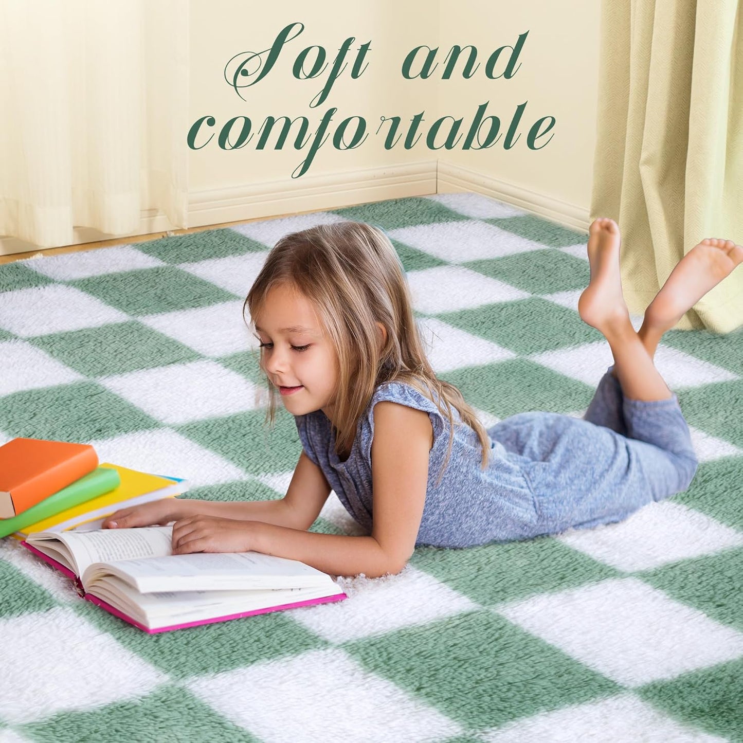 Super Soft Rug for Bedroom, 8x10 ft Sage Green and White Area Rug Classic Checkered Shaggy Anti-Skid High Pile Soft Fluffy Rug Fuzzy Carpet for Living Room Bedroom Kids Room Nursery, Dorm