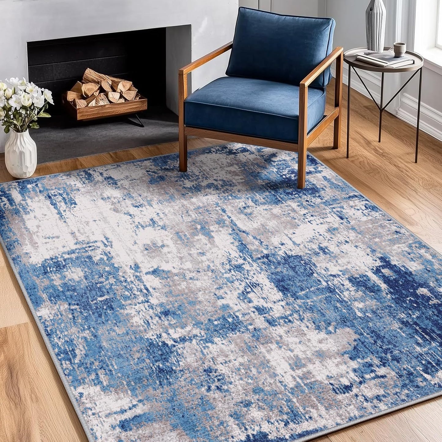 Washable Area Rugs 4'x6' Non-Slip Modern Abstract Soft for Living Room Entryway Bedroom Nursery, Print Pattern, Blue Grey Navy Gray