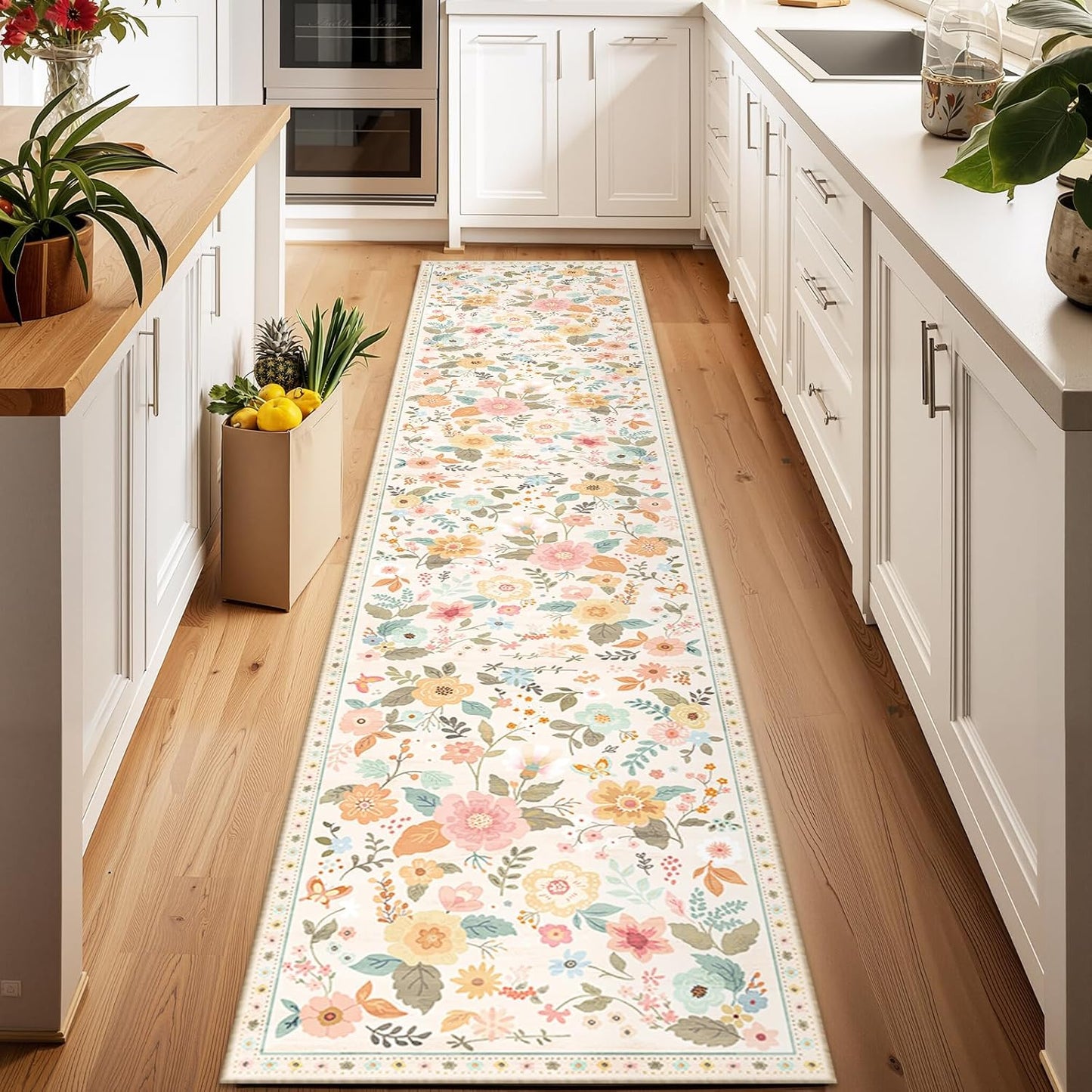 Floral 2x10 Area Rug Machine Washable Soft Print Boho Carpet Non Slip Doormat Low Pile Flower Area Rugs for Living Room Bedroom Nursery Kitchen Dining Room Indoor-Beige/White/Orange