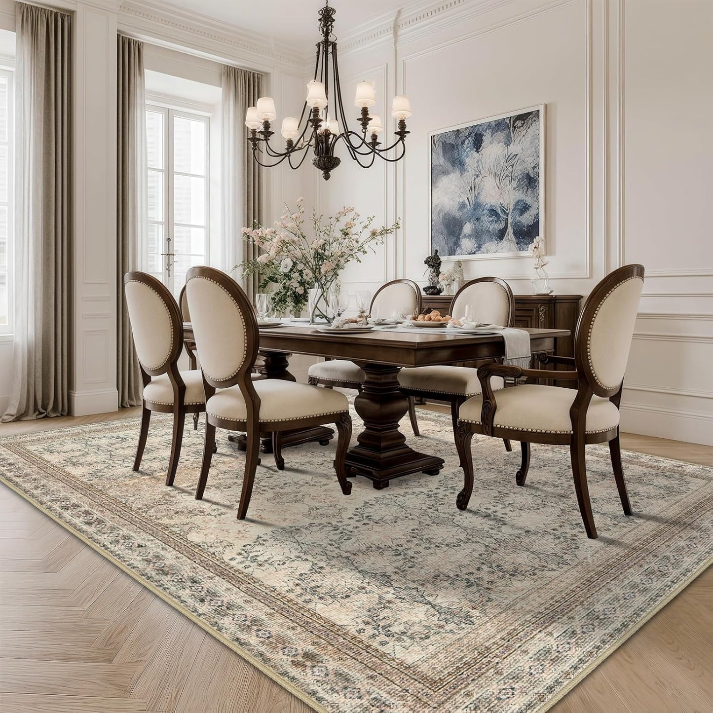 5x7 Washable Area Rug for Living Room Rustic, Non Slip Vintage Floral Bedroom Rugs Retro, Traditional Indoor Floor Carpet for Dining Room, Kitchen, Farmhouse, Office Beige/Pink/Orange