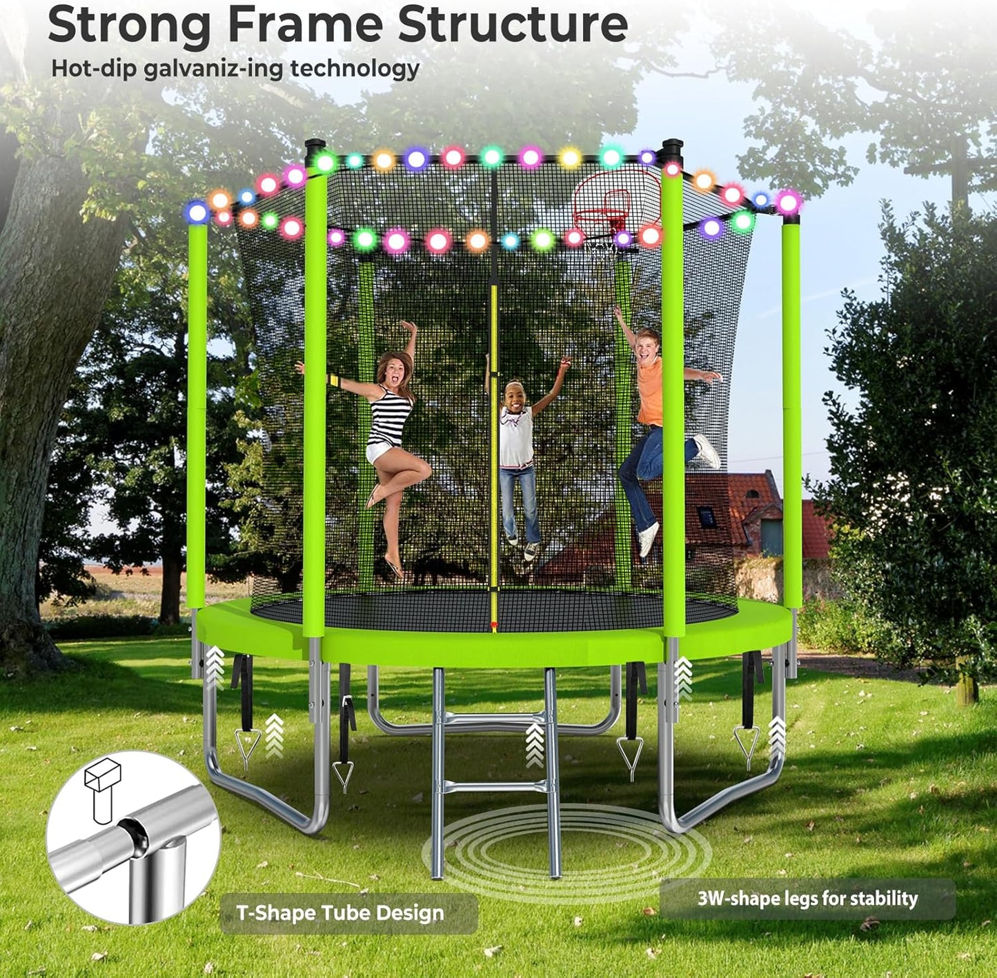 Upgraded 10/12/14/15/16FT Trampoline Outdoor, Large Kids Trampoline with Light, Stakes, Sprinkler, Backyard Trampoline with Basketball Hoop and Net, Capacity for 4-6 Kids and Adults