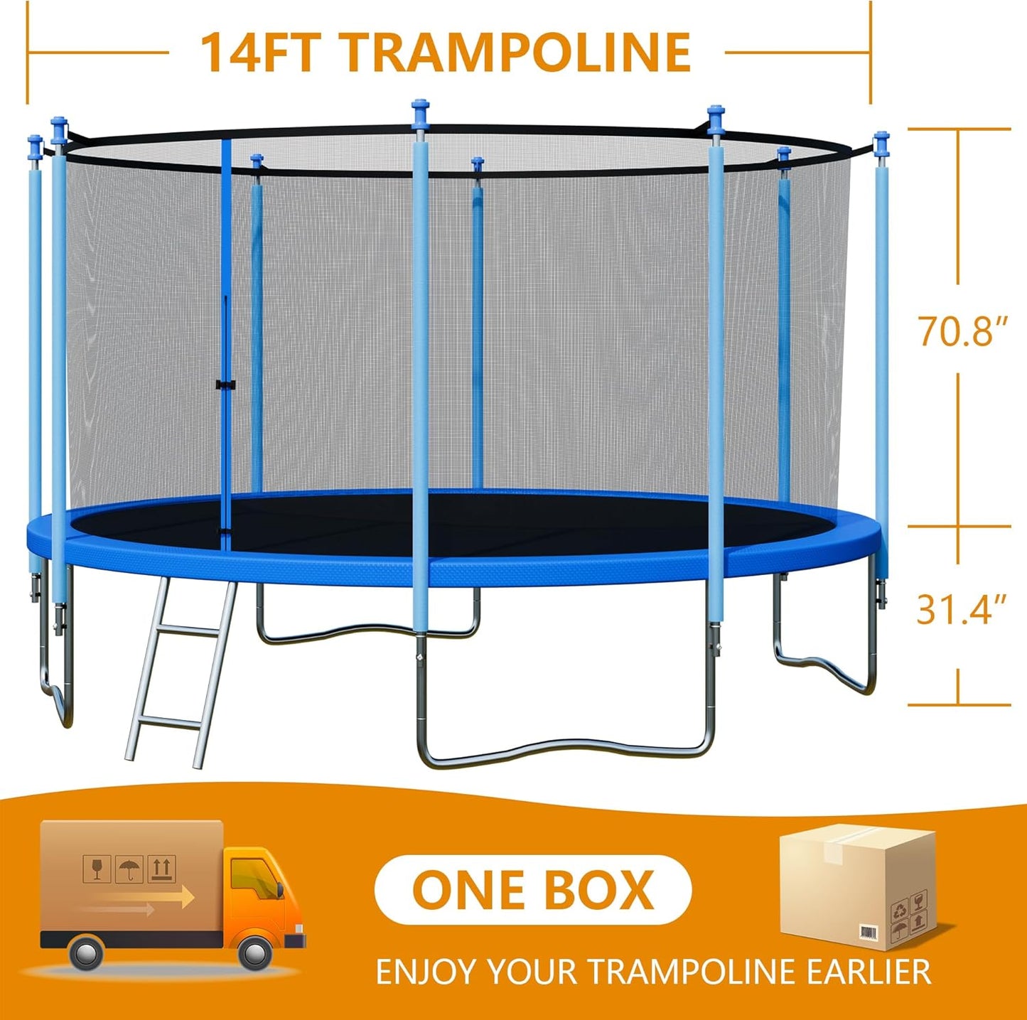 Trampoline with Enclosure - 12FT & 14FT Recreational Trampolines, Ladder, AntiRust Coating, ASTM Approved