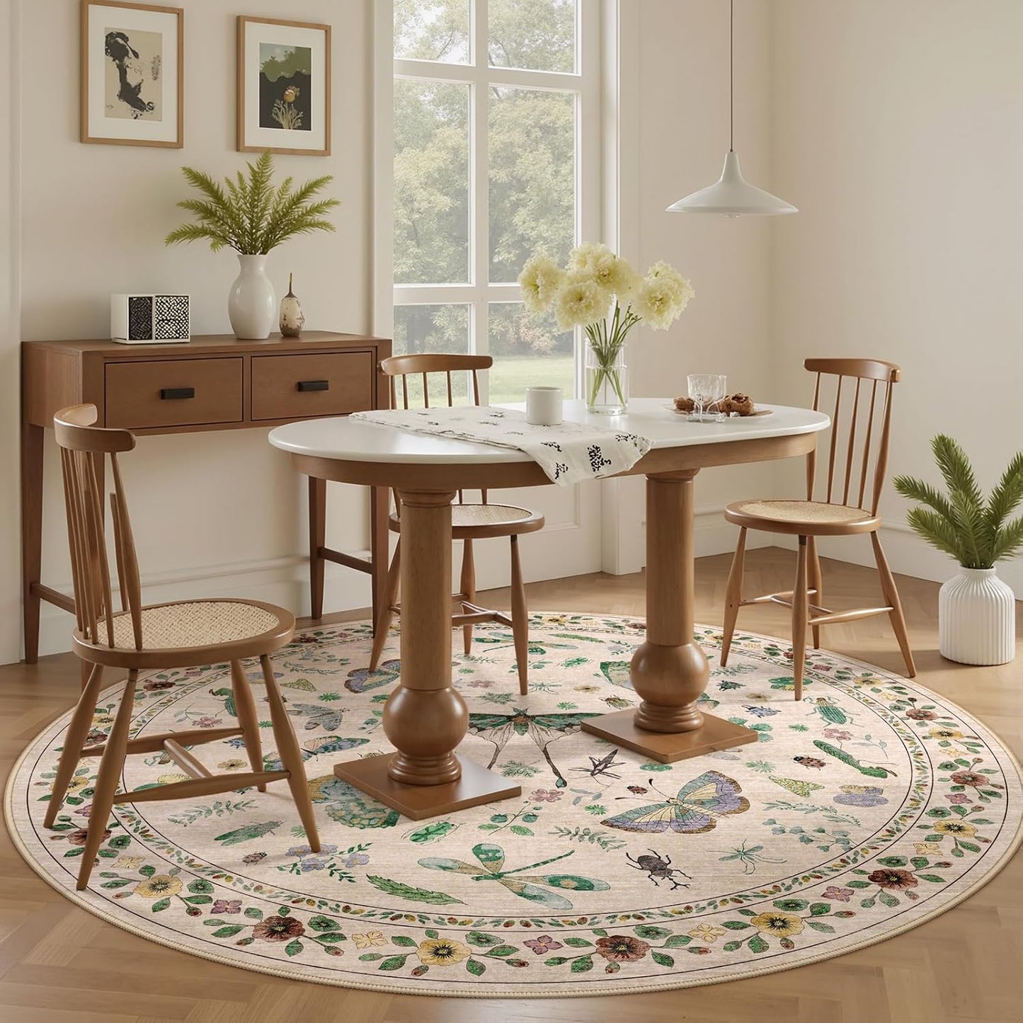 6ft Washable Round Rug - Bug Rugs for Living Room Non-Slip Low Pile Soft Ultra-Thin Machine Washable Circle Carpet for Bedroom, Entryway, Nursery, Kitchen, Home Office (6' Round Beige)