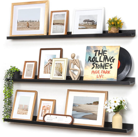 Picture Ledge Wall Shelves 48 inches Width Set of 3, Solid Pine Wood Rustic Floating Ledge Shelves for Wall for Kids' Room Bedroom Kitchen Bathroom Long Floating Shelves for Wall Decor, Black