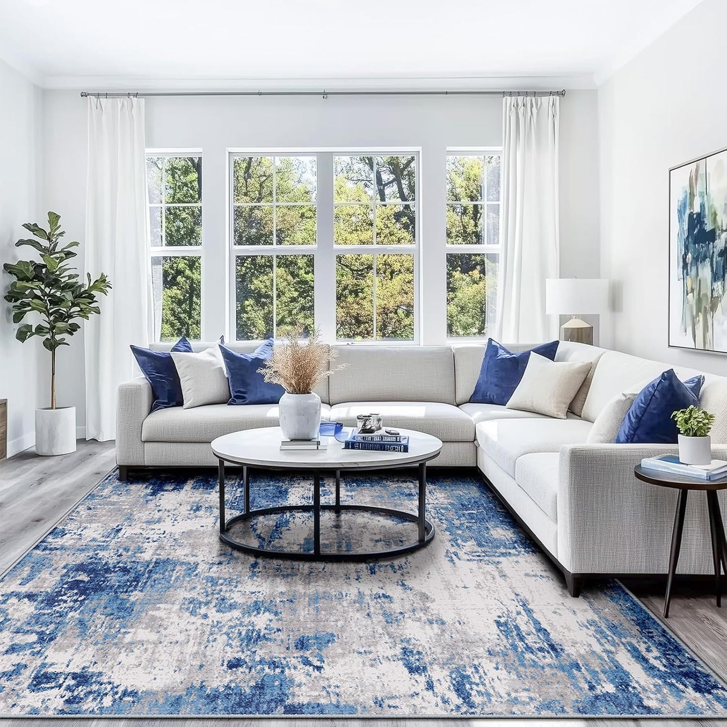 Washable Area Rugs 9'x12' Non-Slip Modern Abstract Soft for Living Room Entryway Bedroom, Print Pattern, Blue Grey Navy Gray