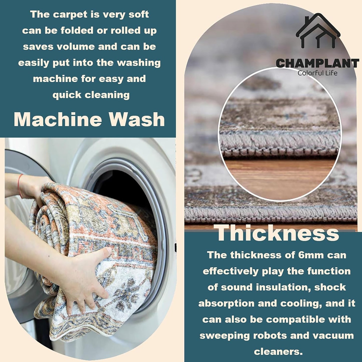 Washable Area Rug 9'x12' Cyan Khaki Retro Flowers Boho Design Non-Shedding Easy Care Ideal for High Traffic Areas in Living Room Bedroom Office Coffee Table Kitchen Large Carpet