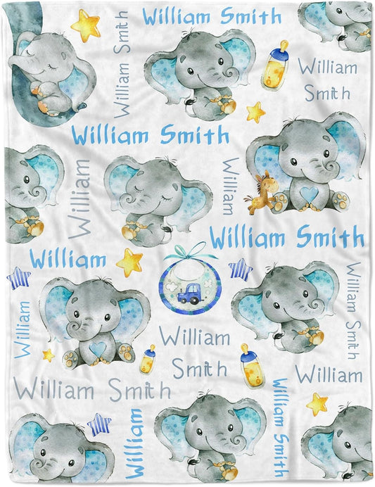 Personalized Elephant Baby Blanket for Boy Girl Custom Name Blanket for Baby Shower Customized Birthday Christmas Newborn Gifts