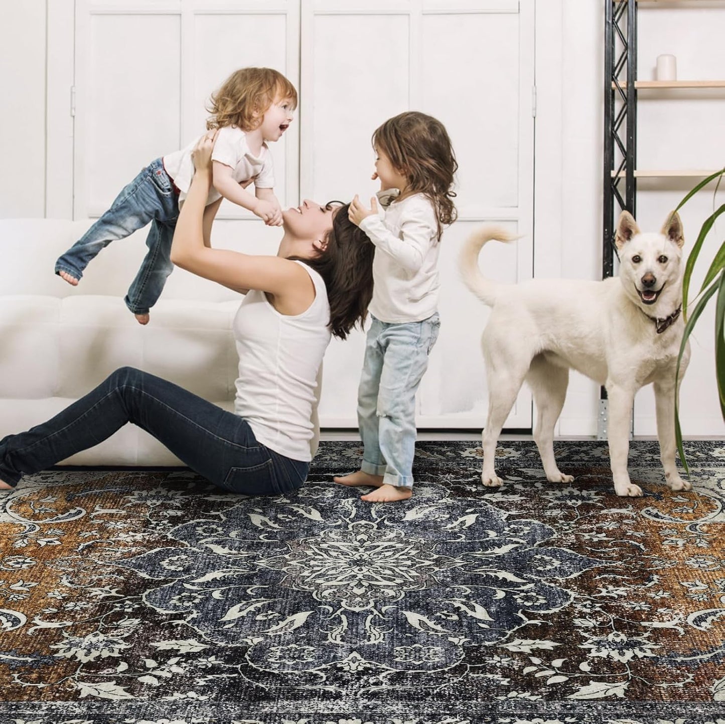 Washable Rugs 5x7 Area Rugs for Living Room, Thin Carpet for Bedroom, Soft Faux Wool Retro Dining Room Rug，Non Slip&Non-Shedding Resistant Low Pile Vintage Print Rug for Home Office (Tan/Gray)